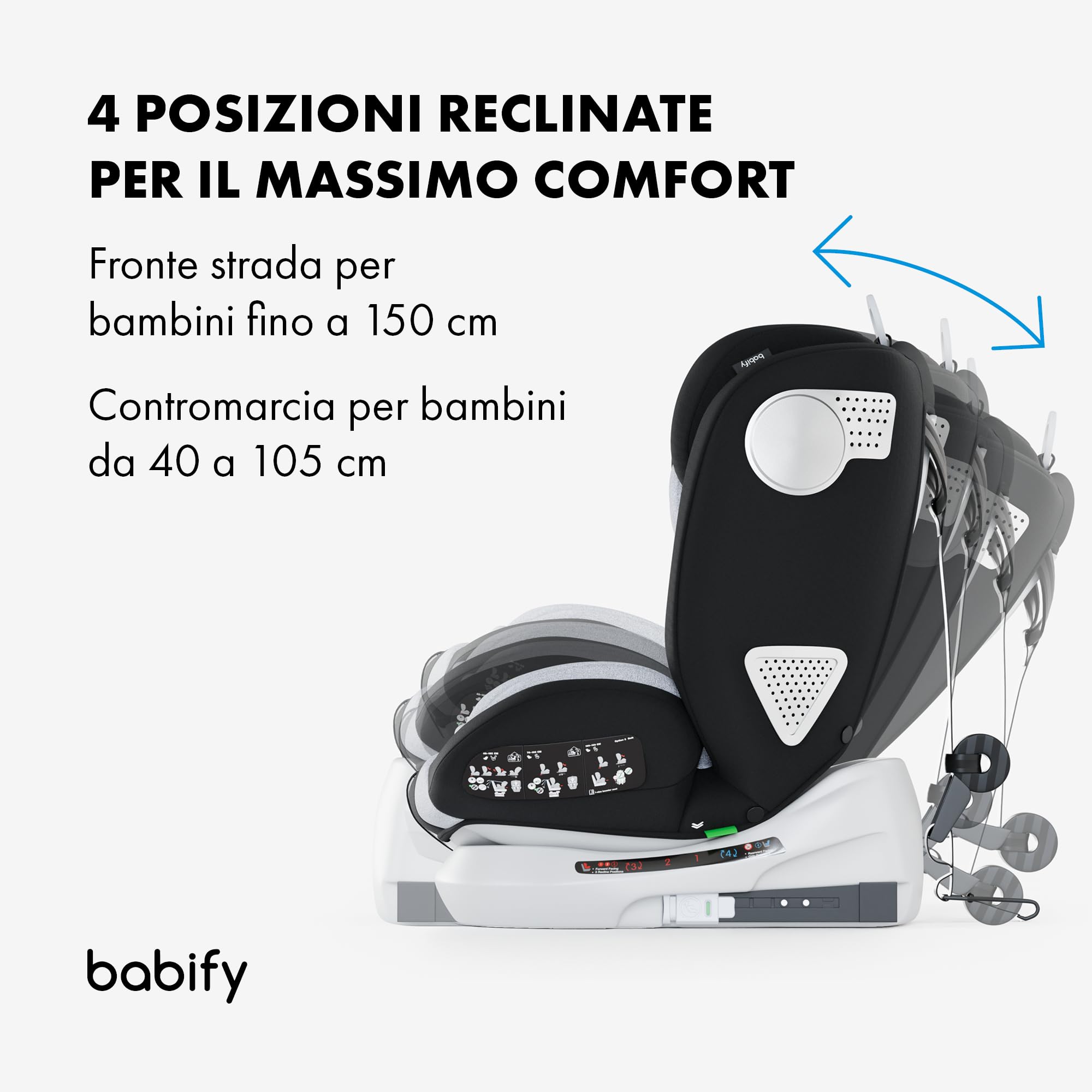 Babify Onboard Seggiolone Auto Isofix I-Size per Bambini da 0 Mesi - 12 Anni, 40-150cm, Seduta Auto Bimbi Regolabile e Reclinabile, rotazione di 360º, Gruppo 0, 1, 2, 3