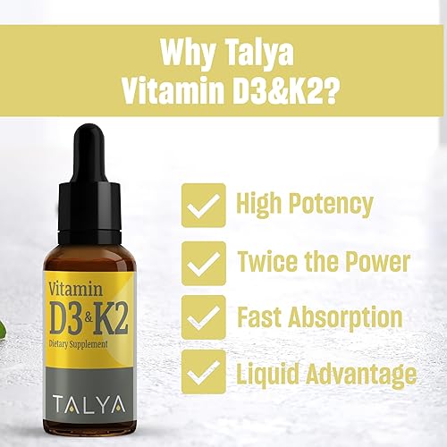 Miniatura 6 de TALYA Suplemento dietético de vitamina D3 y K2 0.34 fl. oz  Apoya la salud inmunológica, ósea, dientes y musculares  Apoya la salud de la función