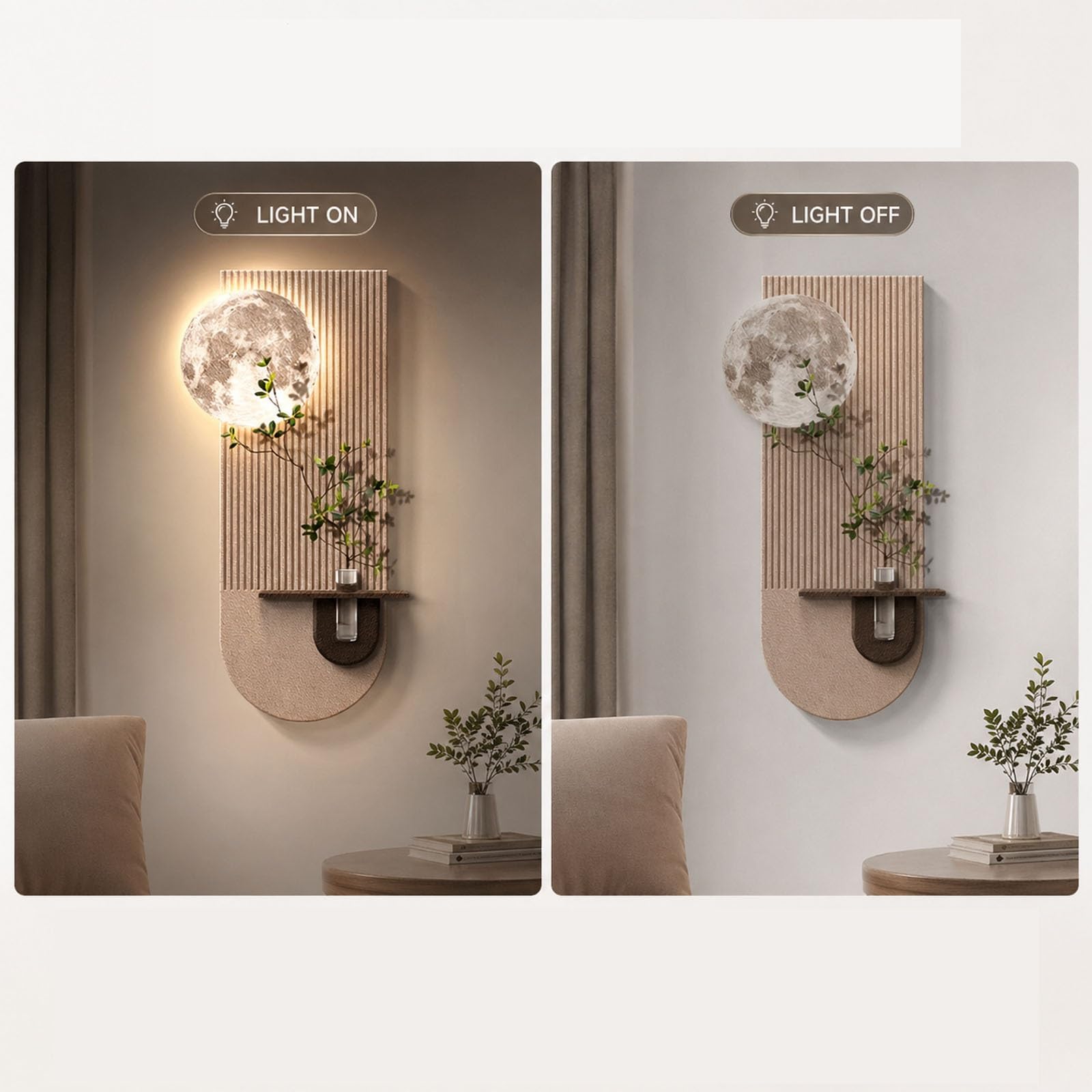 YDAECKRYVB Wandskulpturen 3d mit led,Moderne beleuchtetes wandbild,Wandbilder aus sandstein inkl vase und kunstpflanzen für wohnzimmer, eingang, flur,mondlampe