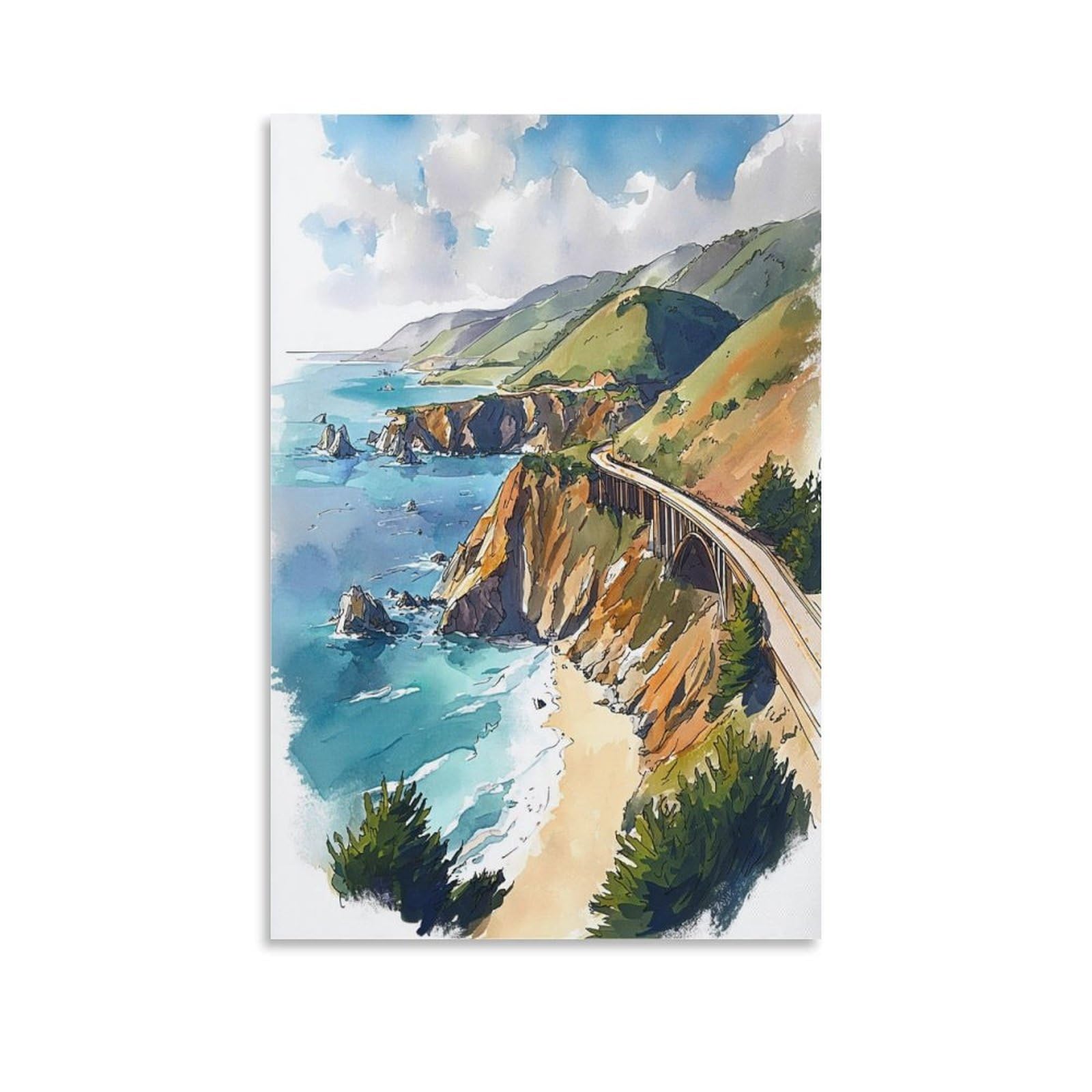 LCYNNH Big Sur Watercolor Painting California Coast Travel Poster 24x36inch(60x90cm) Print Home Bedroom Office Living Room Decor Canvas