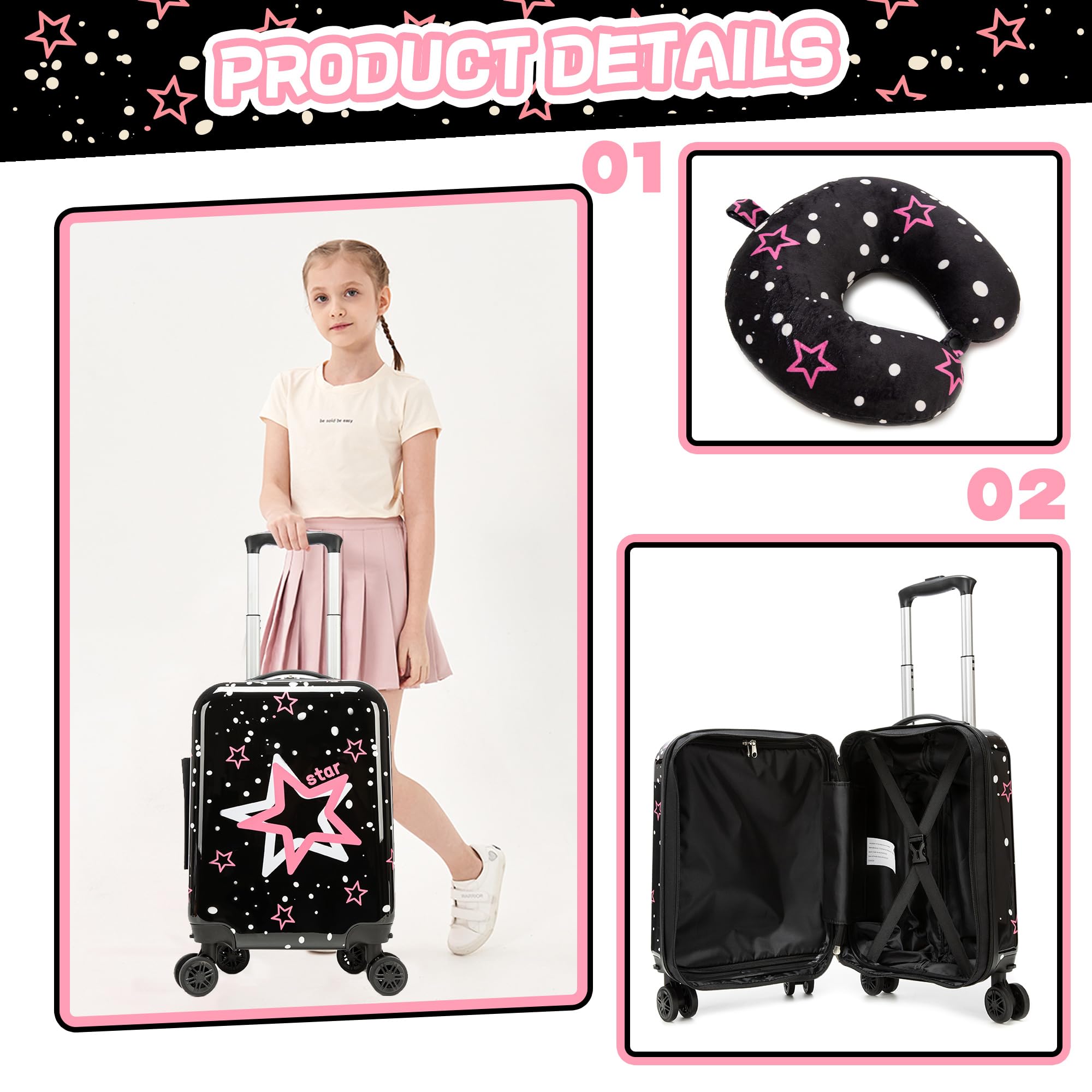 HTgroce Kinderkoffer mit Nackenkissen Set Handgepäck Leicht Handgepäck Koffer Trolley Mädchen Rollkoffer für Kinder