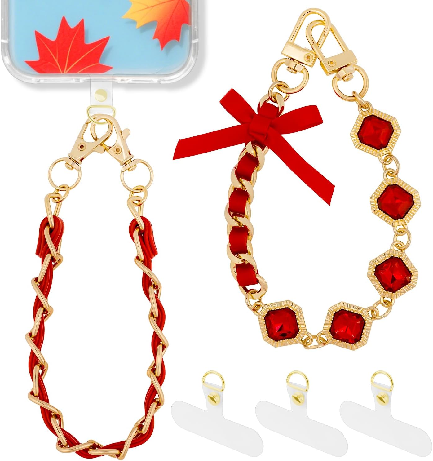 2 Pcs Phone Charm Wrist Strap with Tether Tab, Double Anti Lost Crystal Bow Beaded Wrist Lanyard, Detachable Pearl Metal Phone Charms for Bag, Key Chains, Camera Decor
