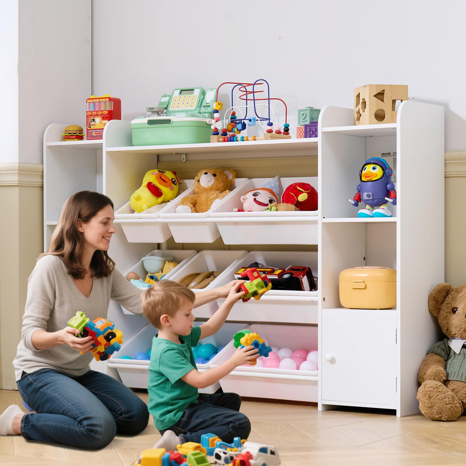 VEVOR Meuble de Rangement Jouets Enfant à 4 Niveaux avec bibliothèque, Grande étagère d'organisateur de Jouets avec 8 bacs en Plastique Flexibles, pour Salle d'étude, Chambre, Salle de Jeux, Blanc
