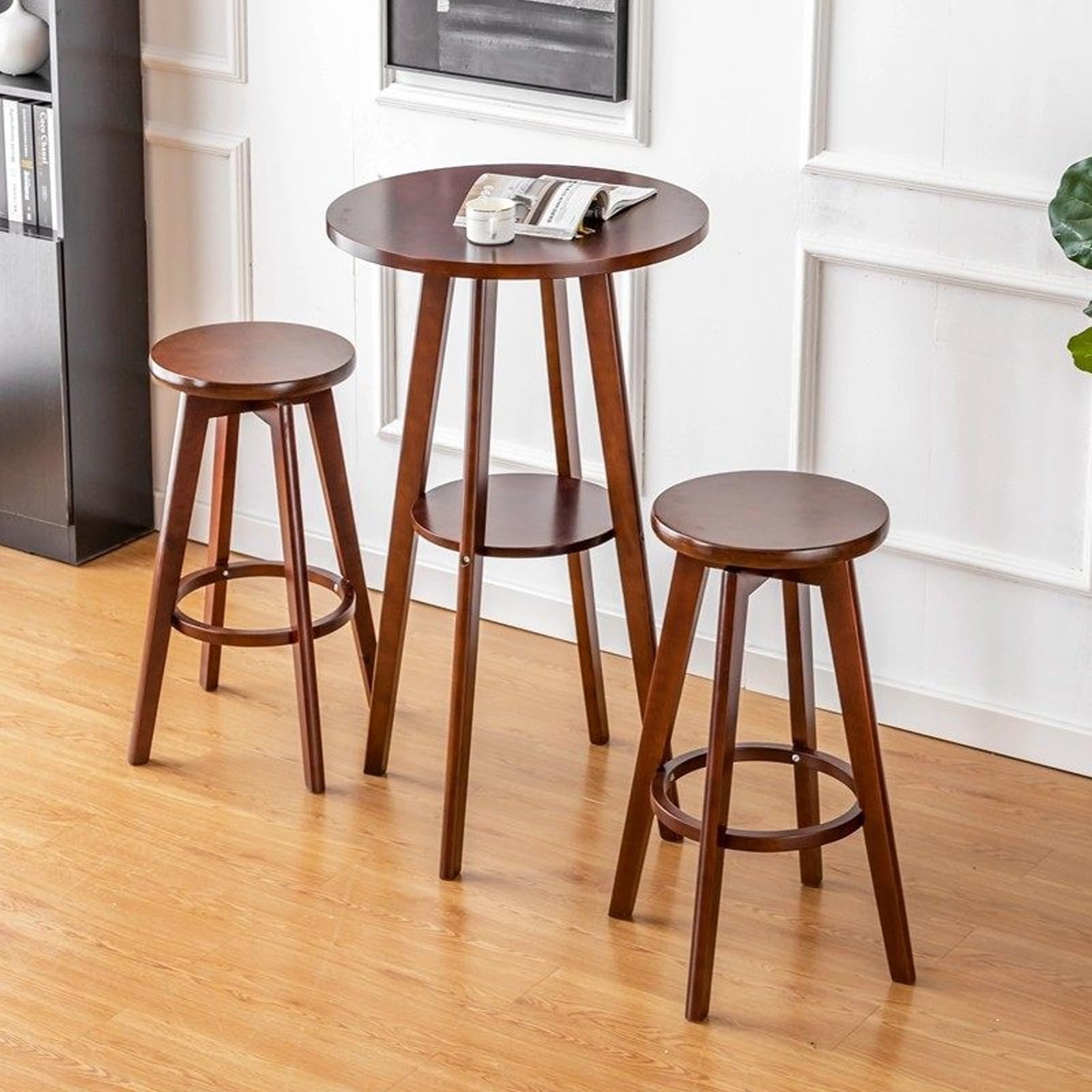 Table de bar ronde à 2 niveaux avec cadre en bois massif et étagère de rangement, table de pub pour bar et café