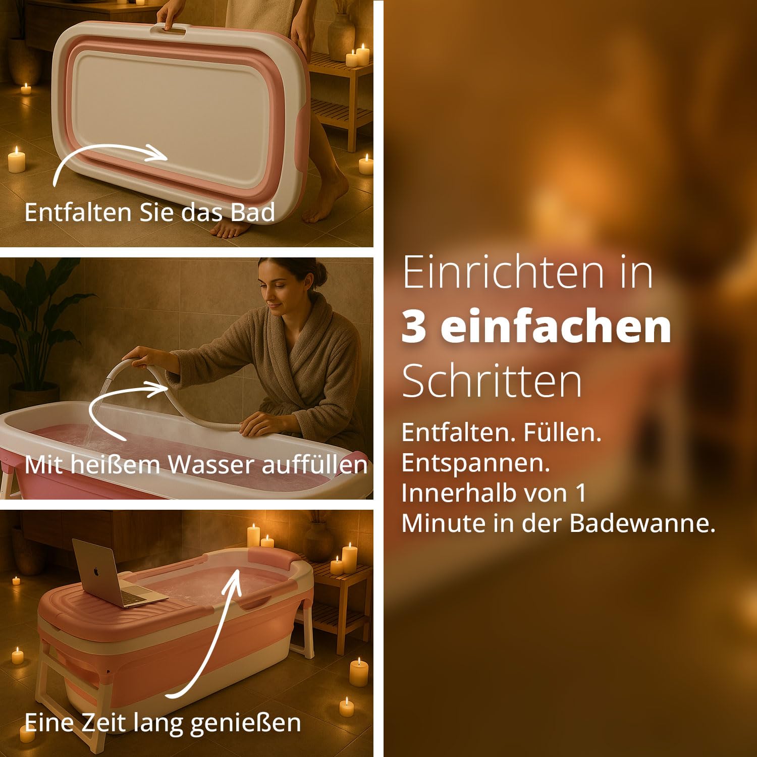 FLINQ Faltbare Badewanne XXL für Erwachsene - 158 x 60 x 53 cm - Klappbare Mobile Badewanne - Auch für Kinder Geeignet - Rosa