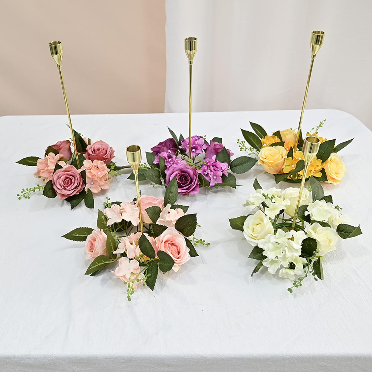 6 Pieces Candle Rings, 8in Artificial Rose Eucalyptus Leaves Mini Wreaths, Wedding Pillar Candle Holder Rings, Simulation Flowers Candle Garlands for Christmas Halloween Party Festive Decor