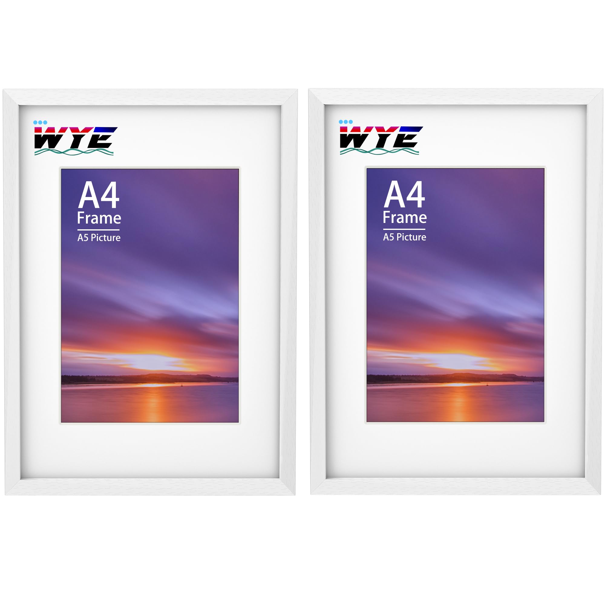 wyewye A4 Bilderrahmen Holz 2-Teile-Set, A4 Bilderrahmen mit A5 Halterung mit Halterung für den Tisch oder die Wand, mit Harzglasfenster, Weiß