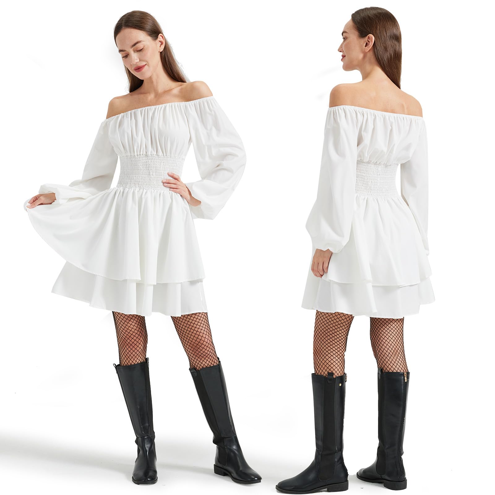 Joellfuner Disfraz Pirata Mujer, Vestido Blanco Pirata, Disfraz de Piratas Mujer con Corset, Bandana, Collares y Cadenas de Cintura, Accesorio para el Pelo para Carnaval Halloween Cosplay