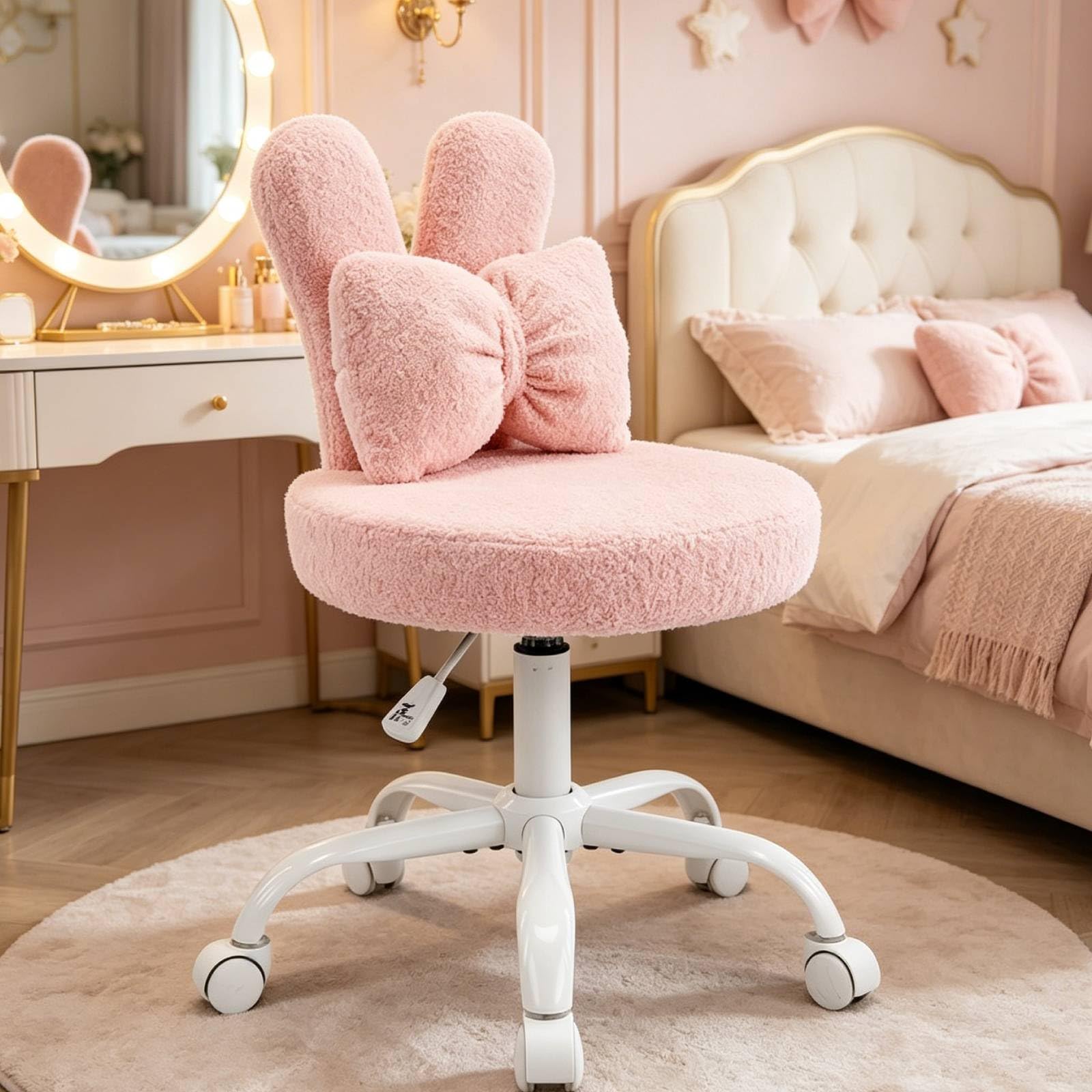 LEADZM Silla giratoria de oficina, silla de oficina infantil, rosa | con cojín lumbar tejido aterciopelado, ajustable en altura, silla de dormitorio