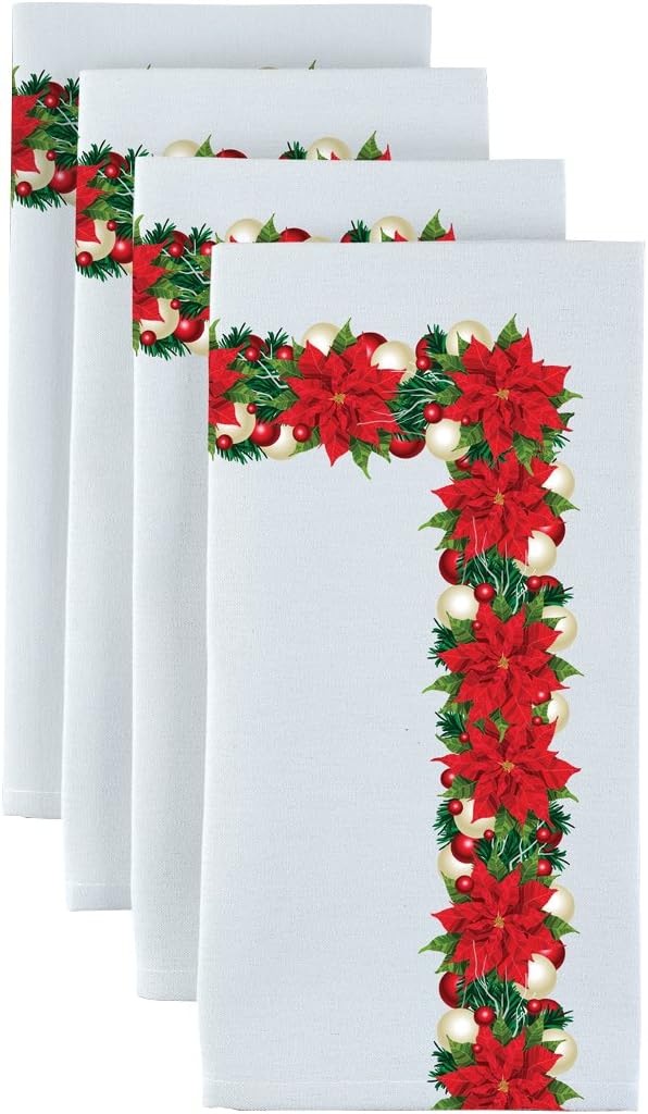 Fabric Textile Products Christmas Poinsettia Border Napkins 18"x18" - 1 Dozen