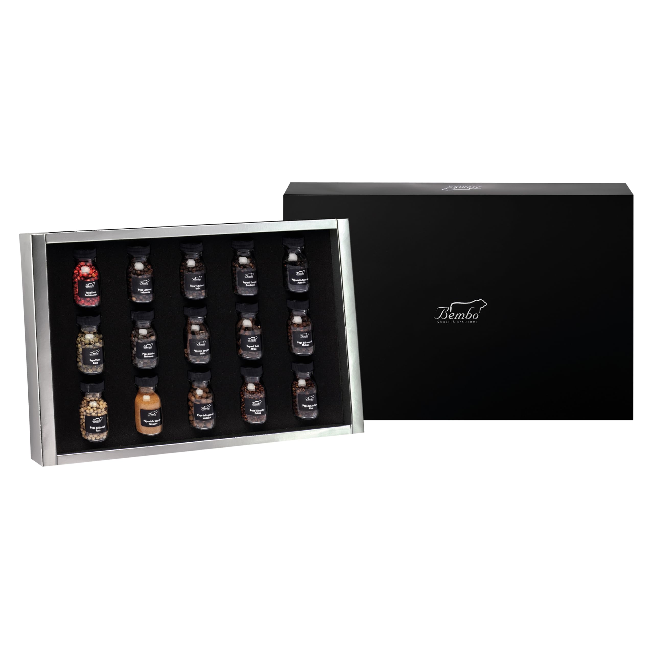 Bembo Set Regalo 15 Pepi del Mondo – Collezione Degustazione | 15 pepi da guardare, toccare, annusare e assaggiare. Un viaggio tra aromi del mondo. Made in Italy.