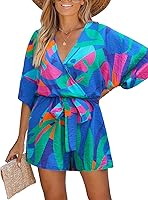 CUPSHE Women's V-Neck Mini Romper: Loose Fit Half Sleeve Tropical Print Beach Jumpsuit for Summer Vacations