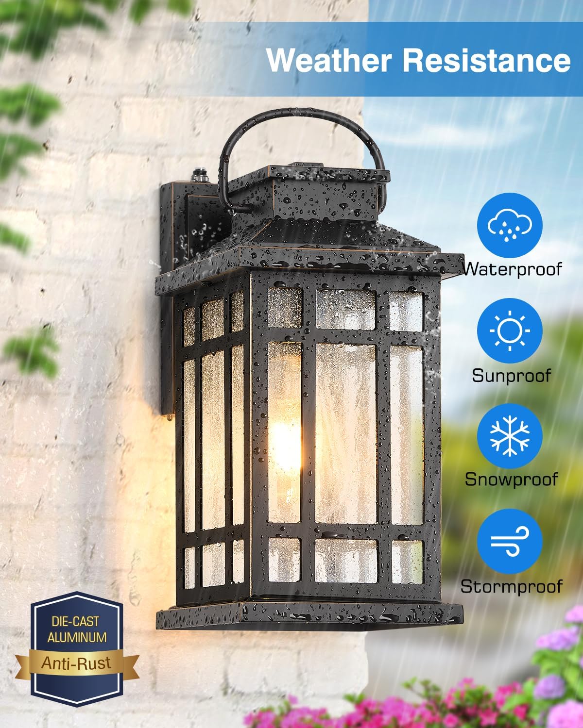 Exterior Lighting Fixtures, Black Porch Lights Outdoor with Gold Trim, Dusk to Dawn Porch Light with Seeded Glass, Aluminum Anti-Rust Waterproof Outdoor Wall Lantern for Houae, Garage, Doorway