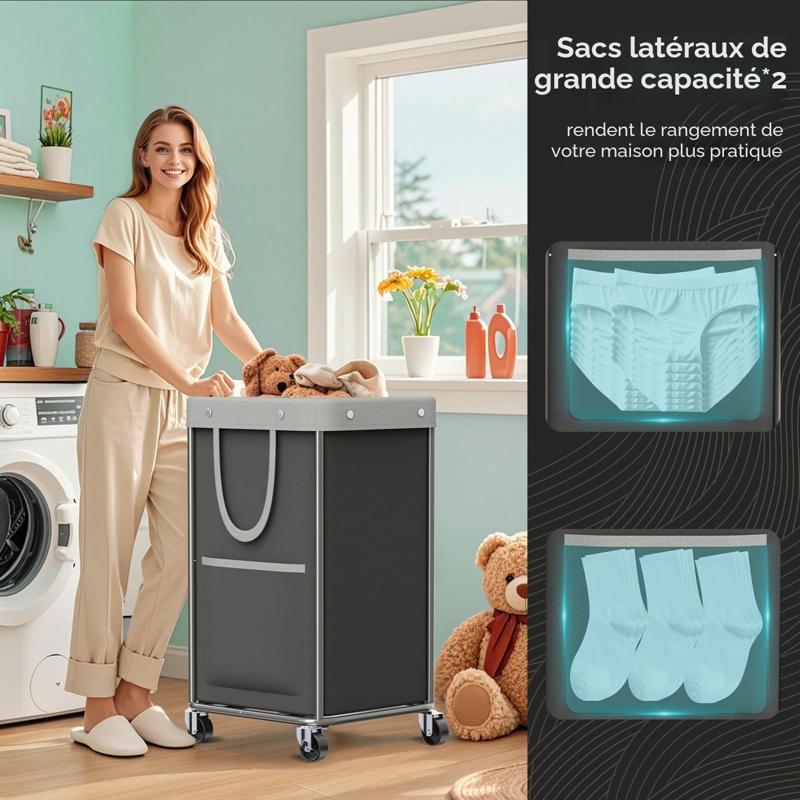 JYPS Panier a Linge sur Roulettes, 150L Grande Paniere a Linge Amovible avec 2 Sacs Latéraux, Bac a Linge Sale Stabilisé en Tube D'acier, Oxford Corbeille a linge pour Chambre, Bain(Noir)