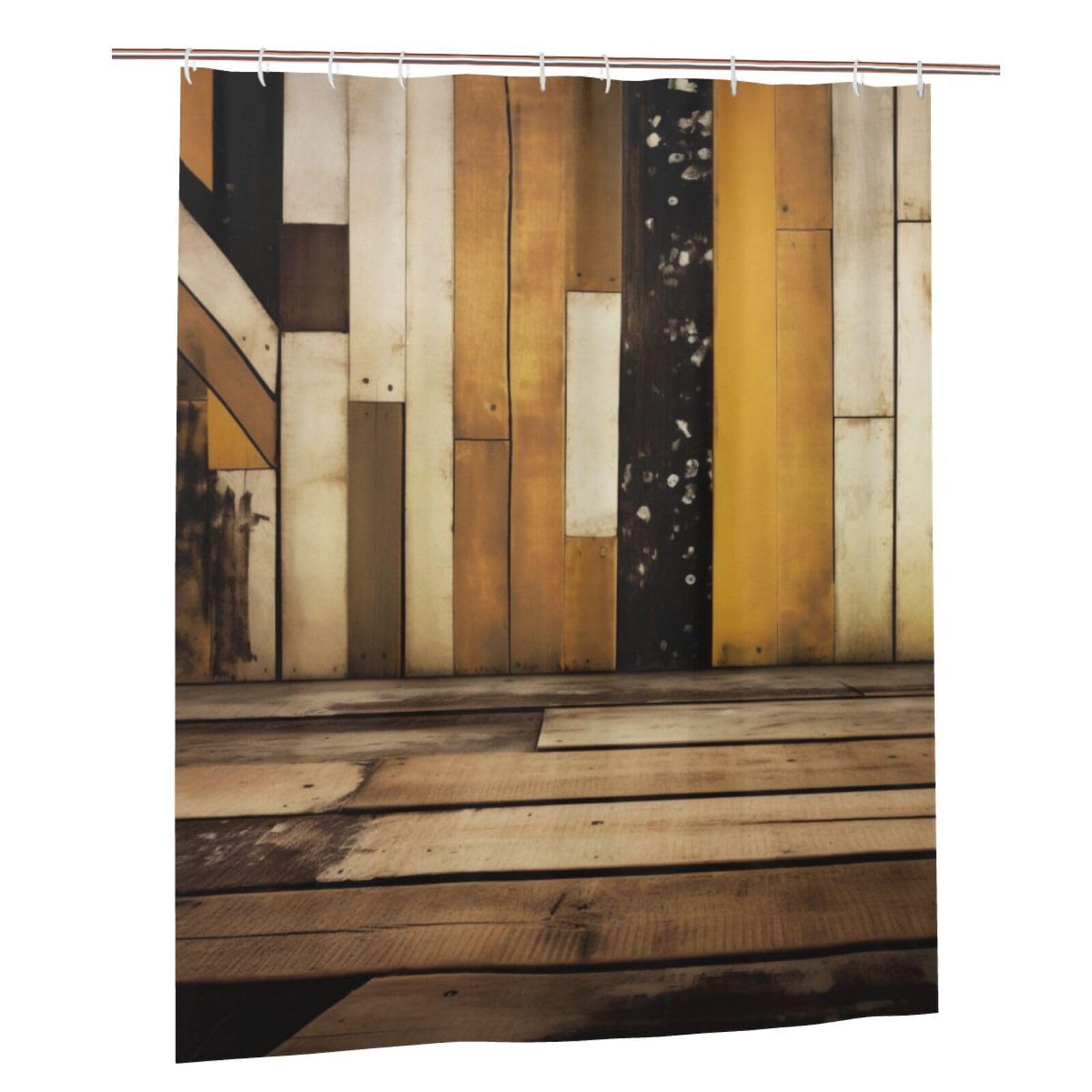 BWWHCCTI Rustic Wooden Printed Shower Curtain With 12 Plastic Hooks Opaque Quick Drying Waterproof Shower Curtains Sets For Bathroom 152x183 Cm