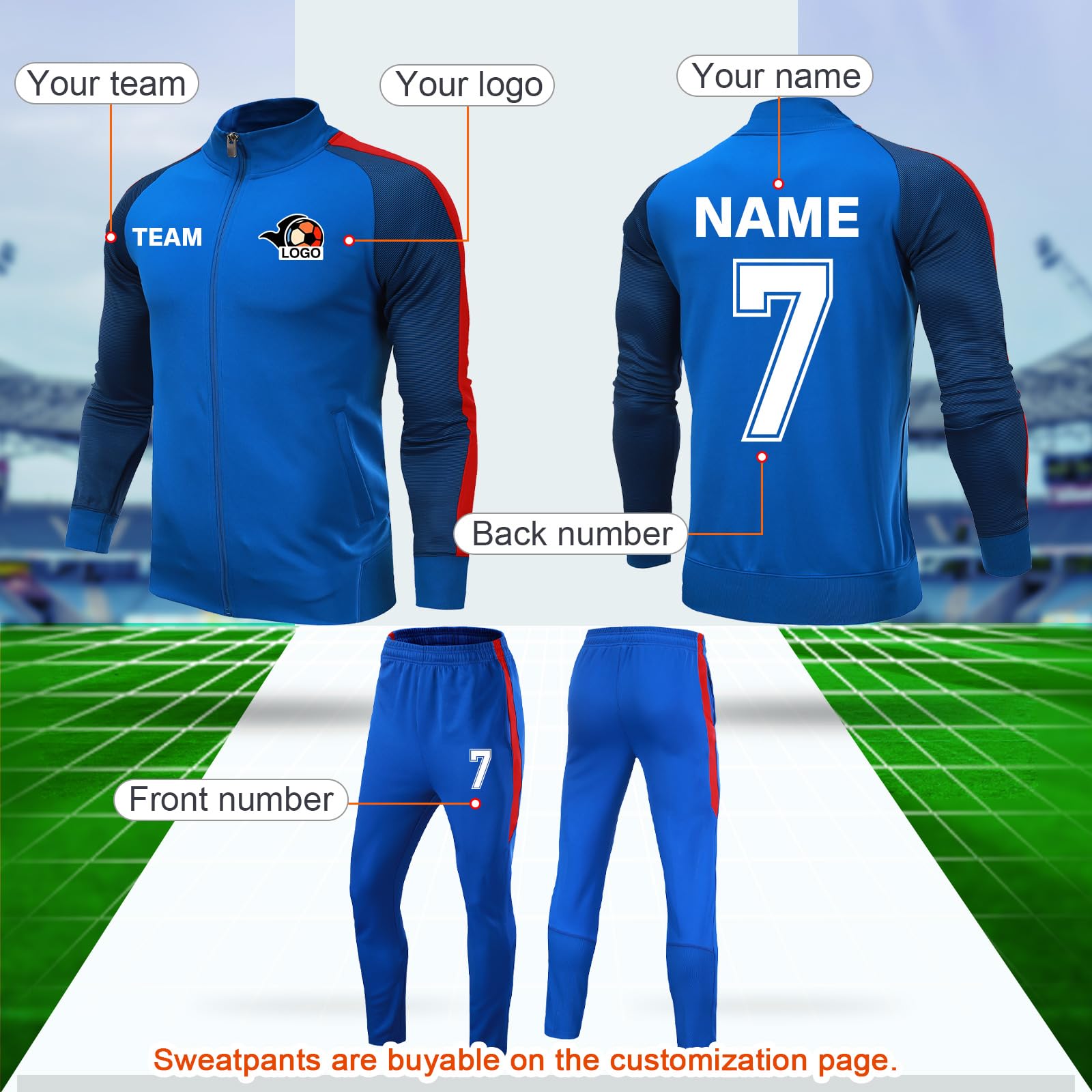 Custom Training Top for Kids Youth Adults Personalized Tracksuit with Your Name Number Team & Logo (US, Alpha, One Size, Regular, Regular, Light Blue)