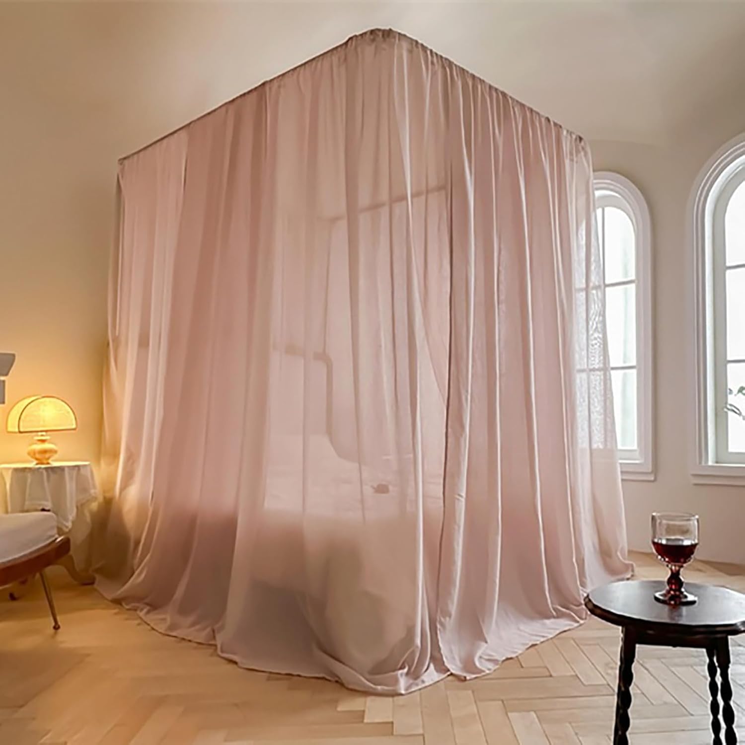 Elegant Stainless Steel Canopy Bed Frame with Curtain 4 Corners Post Canopy Bed Curtains for Adults Cozy Drape Bed Netting Canopy Frame,Pink,Twin