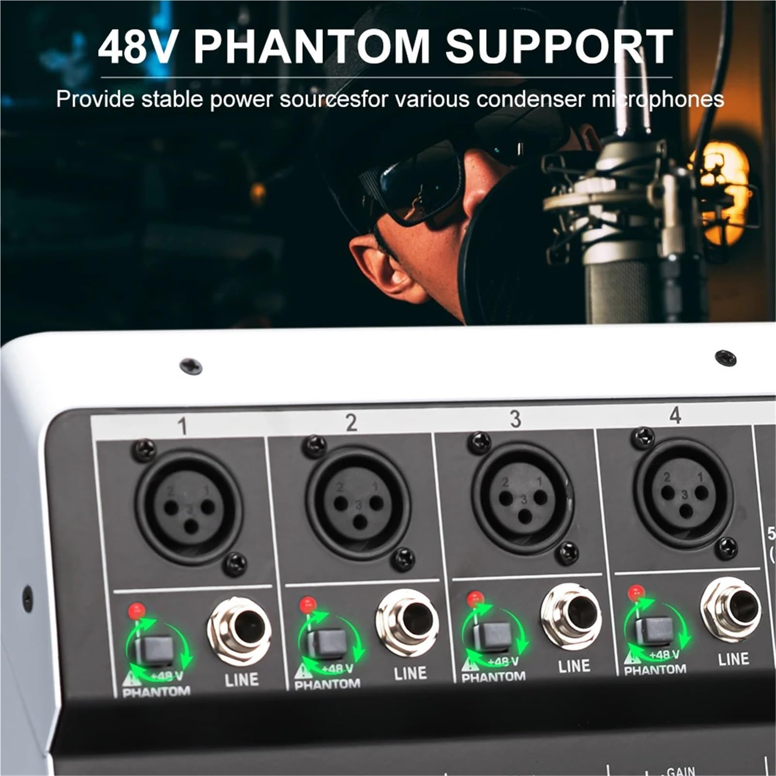 Mixer con effetti DSP a 6 canali, 99 effetti, registrazione PC, alimentazione Phantom 48V, mixer USB, console DJ Bluetooth, ggio