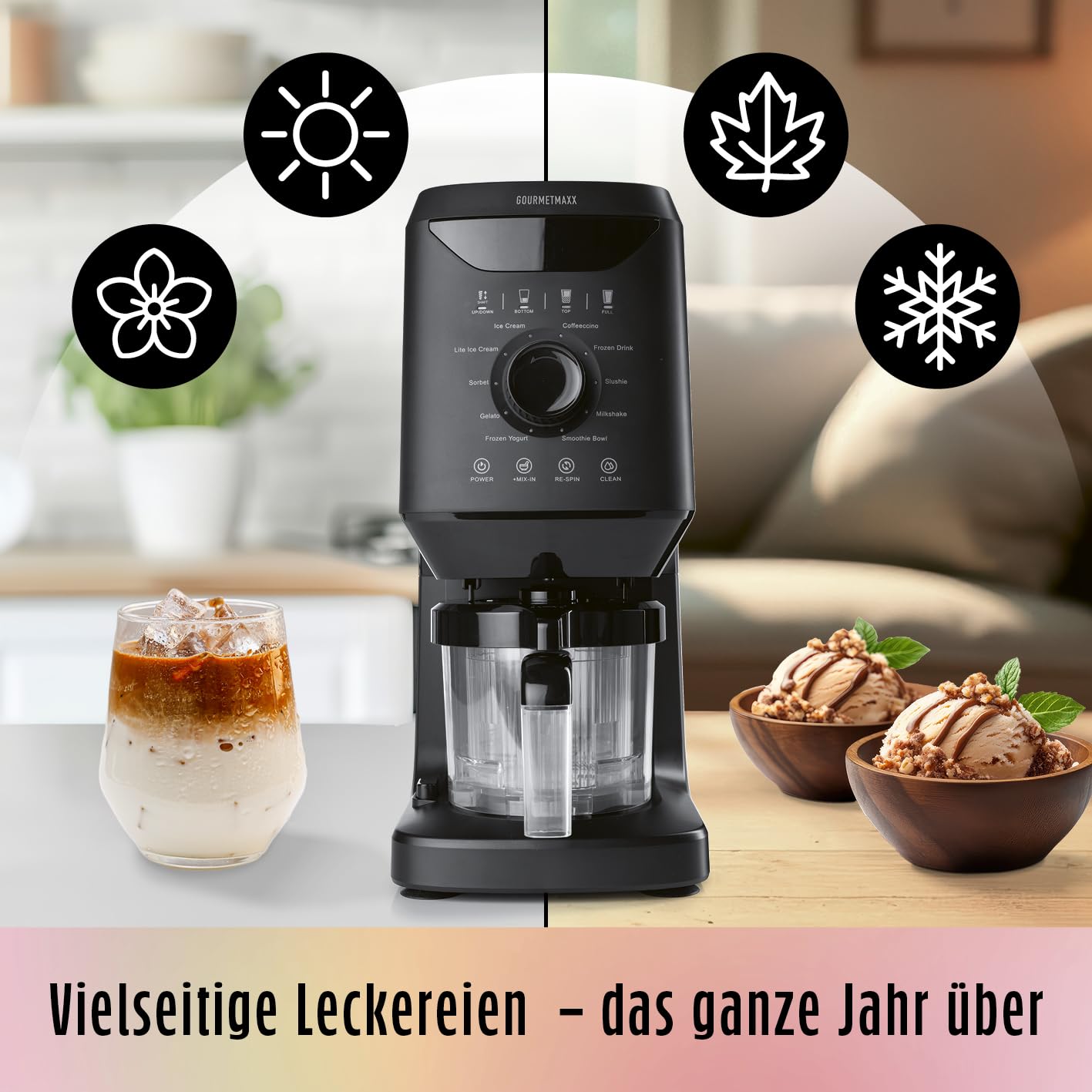 GOURMETmaxx SmoothUp Eismaschine 800 Watt | Eismaschine 10 Programme inkl. Mix-in-Funktion | Eiscreme-Maschine – Slushies & Eiscreme selber machen | Speiseeisbereiter LED Display – 2 Becher inklusive