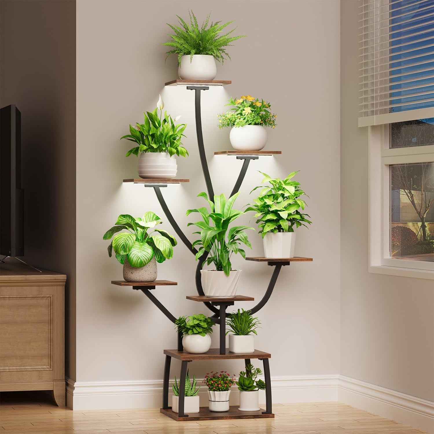 Plant Stand with Grow Lights - 8 Tiered Plant Stand Indoor, 53" Tall Plant Shelf for Indoor Plants, Tree-Shaped Corner Plant Holder for Living Room, Entry, Hallway Home Decor Black
