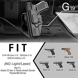 OWB Holster for Glock 19 19X 23 32 45 (Gen 3-5), Left-HandedLevel II RetentionIndex Finger Release360 Adjustable Paddle Carry