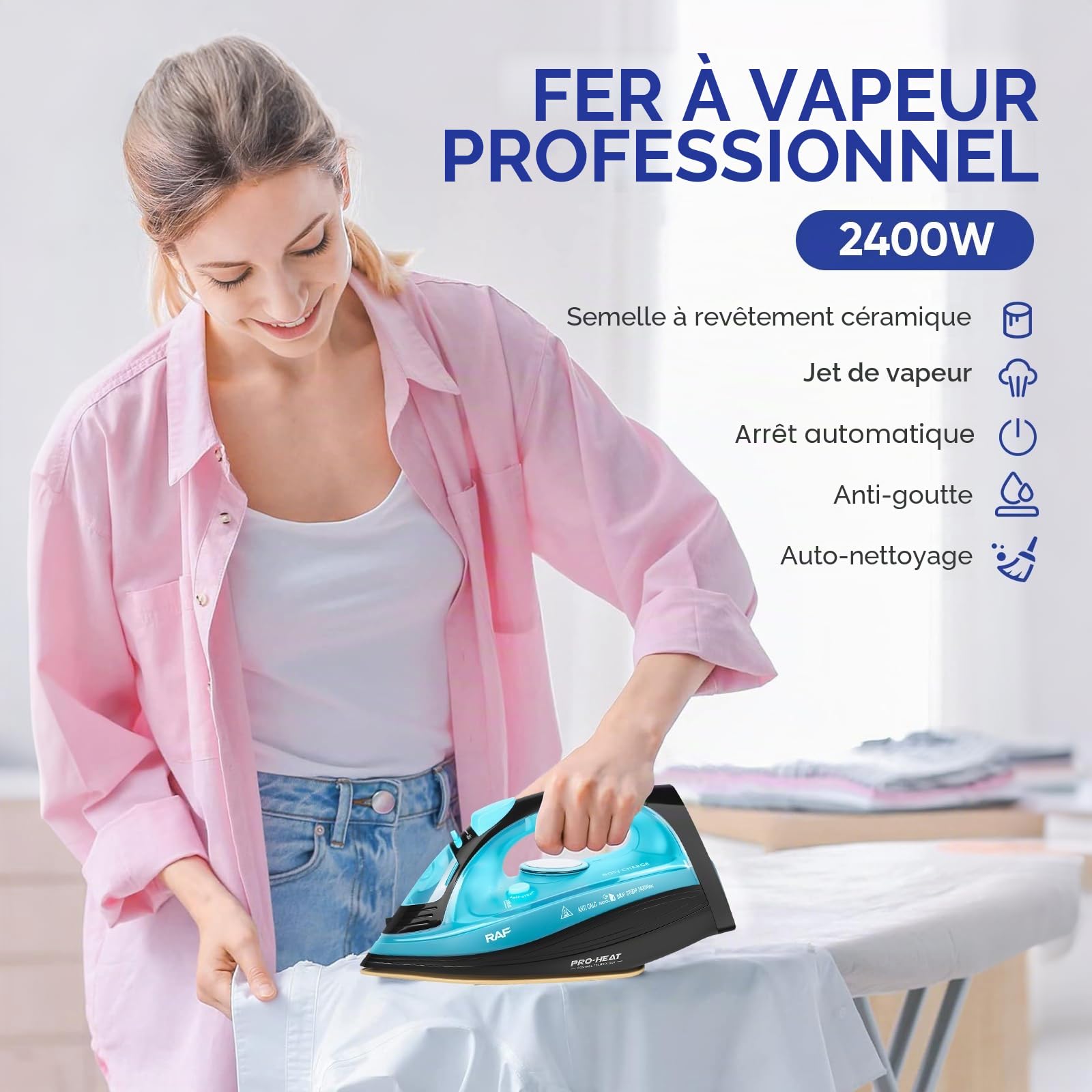 Powersteam Ultra Fer à repasser à vapeur sans fil 2400 W Semelle en céramique, anti-calcaire et anti-gouttes, fonction pulvérisation, vapeur verticale, autonettoyant avec réservoir d'eau de