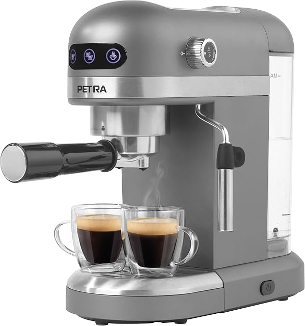 Petra PT5240 Espresso Coffee Machine, Single/Double Shot Espresso, Cappuccino & Latte, 15-Bar Italian Pressure Pump with Milk Frother, Ground Coffee Compatible, 1.4L Water Tank, Compact, 1465W, Silver