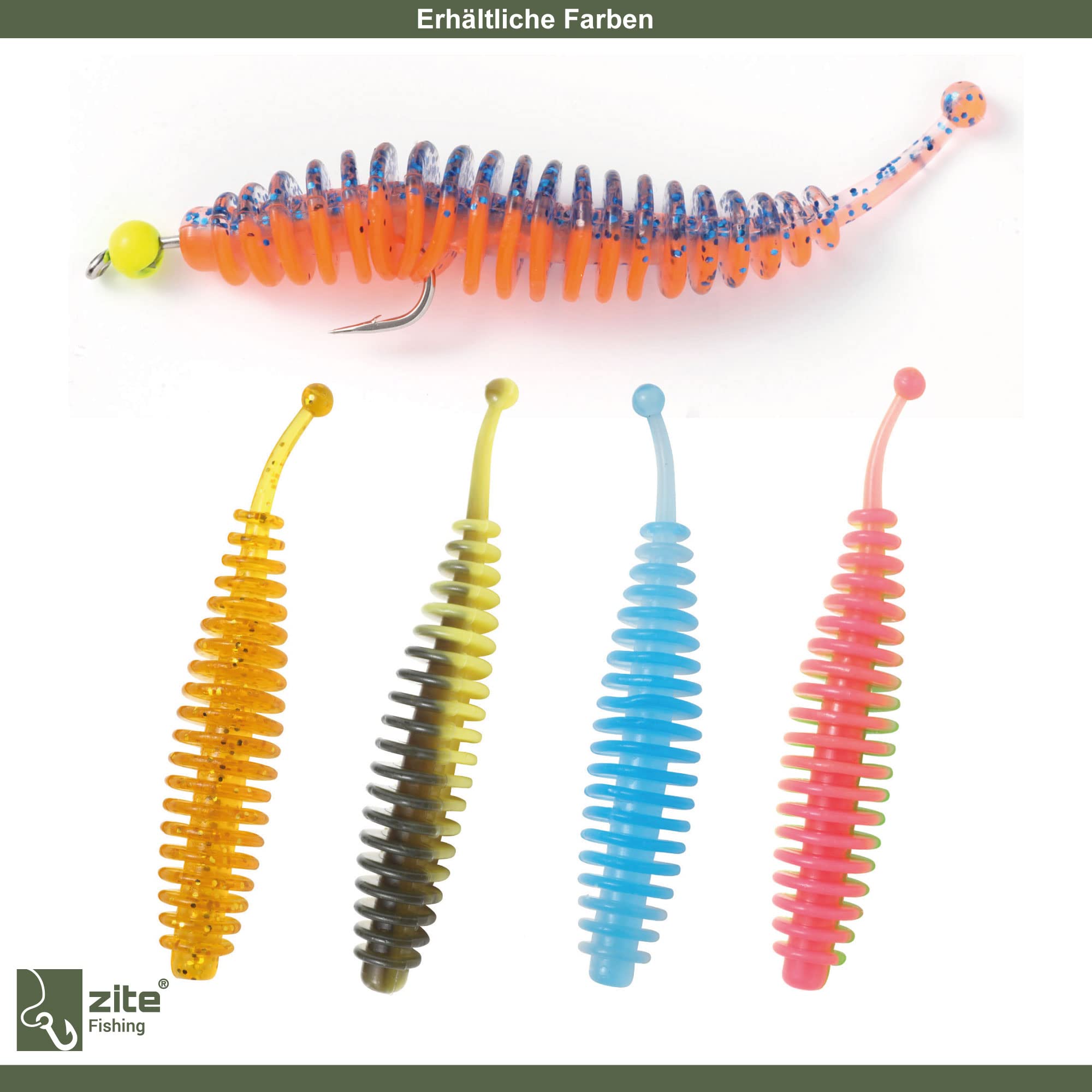 Zite Fishing Forellenköder Set - 5 Gummiwürmer + Tungsten-Jighaken