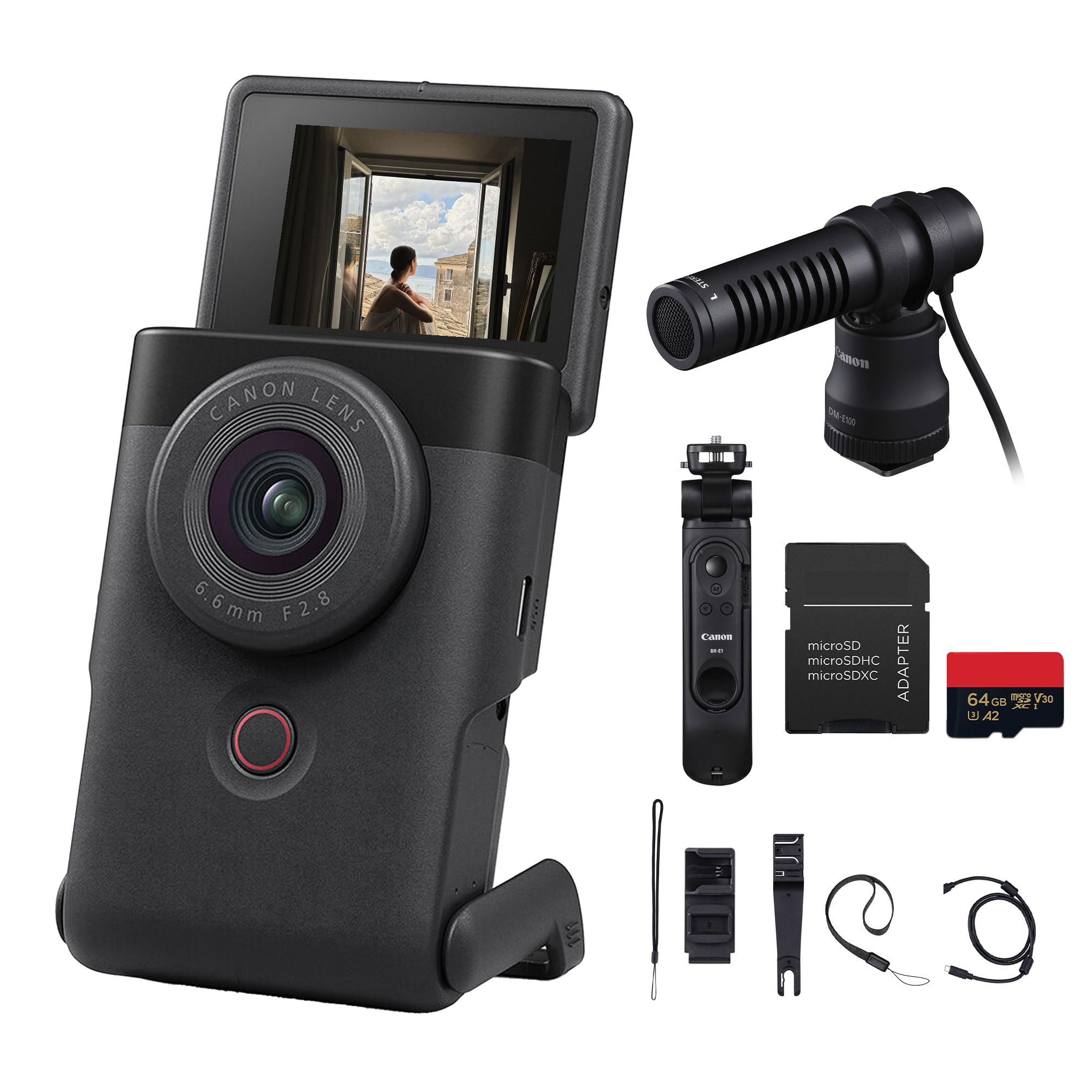 Canon PowerShot V10 Vlog Camera – Compact 4K Vlogging Camera with Built-in Stand, Stereo Mics & Flip Screen (Black) (5947C002) + Tripod Grip DM-E100 Mic + 64GB Memory Card-picture-23