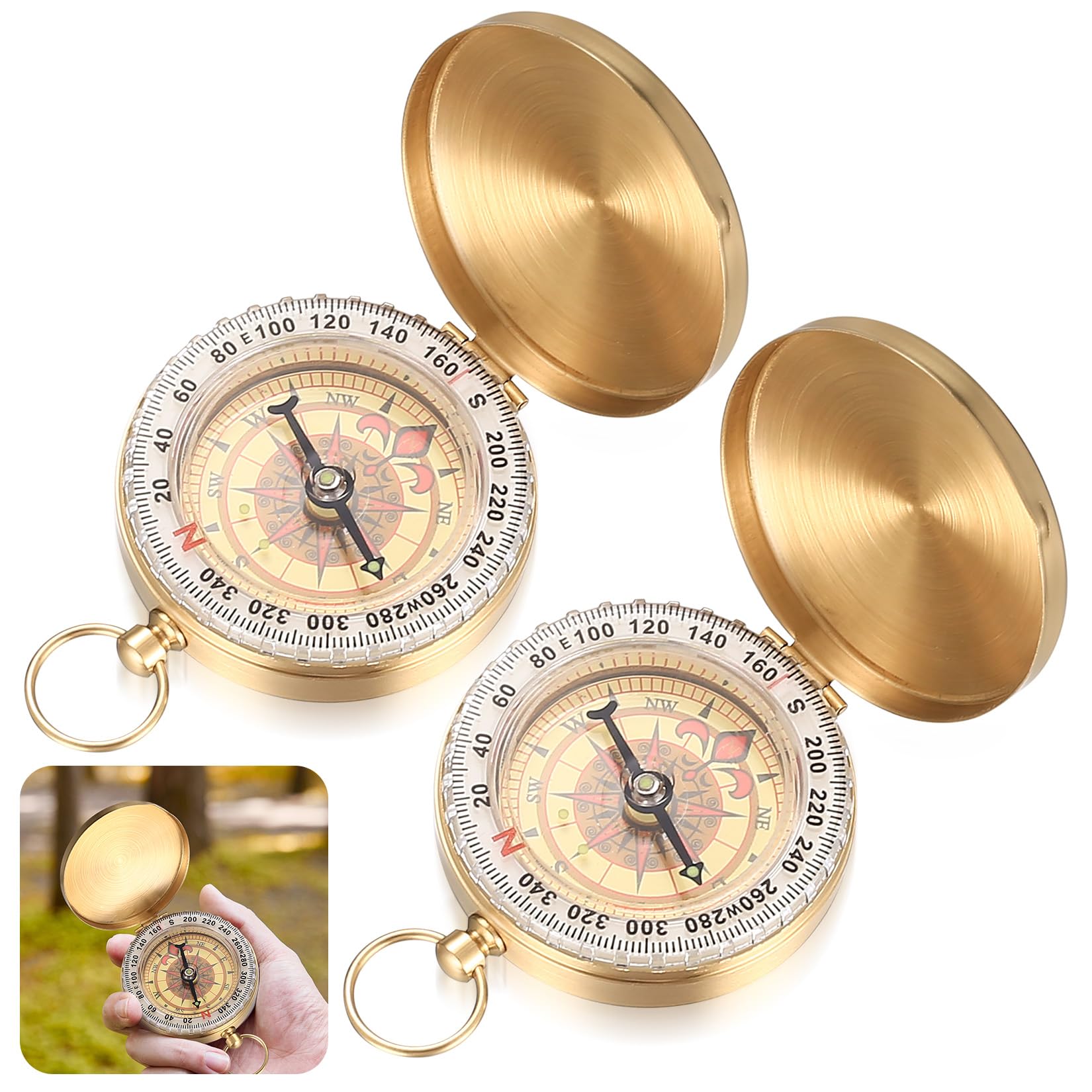 2 Pcs Boussole Randonnée étanche, Boussole de Poche Portable Lumineuses pour Camping Navigation Extérieure Voyage Sports (Doré)
