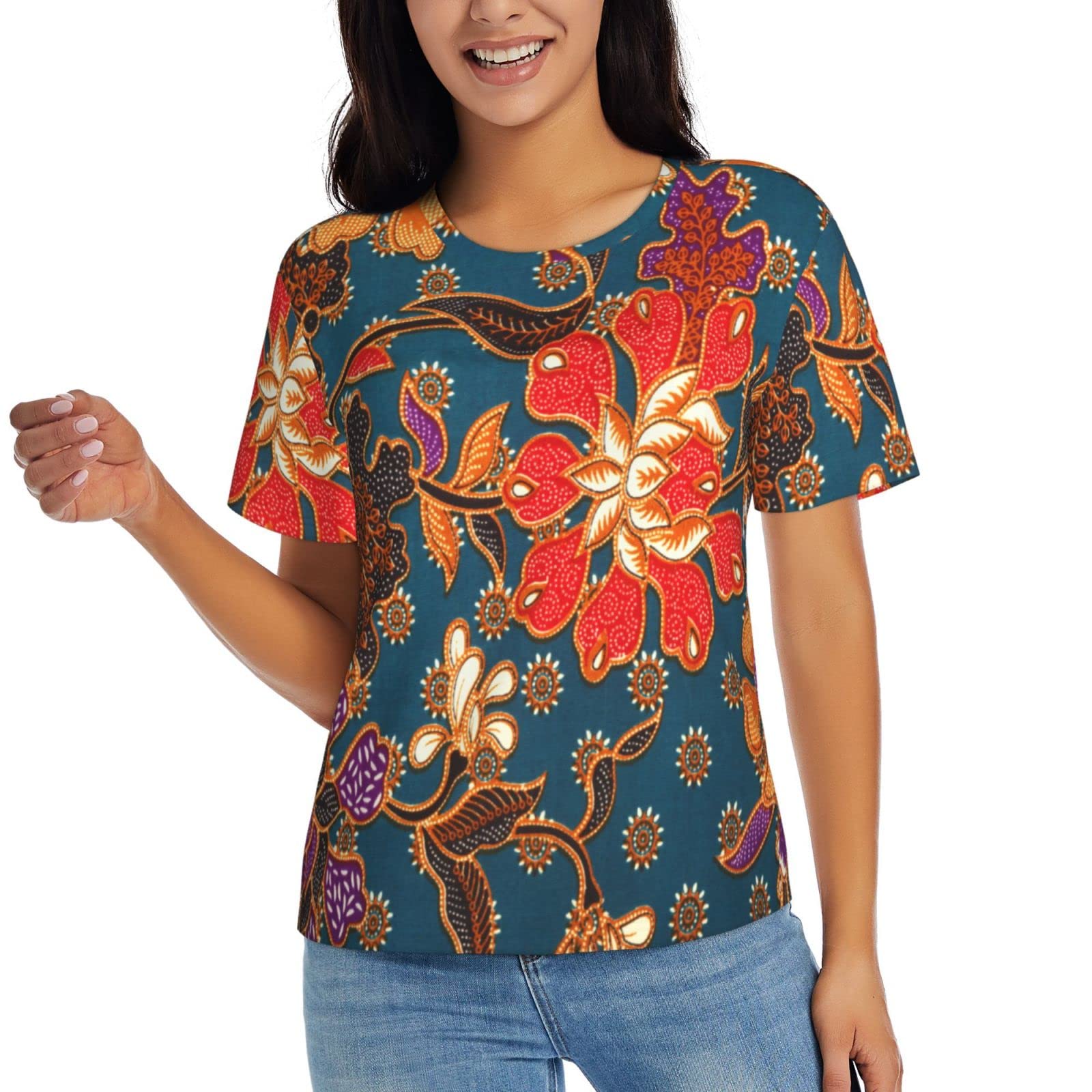 Peiyeety Men's Fashion Malaysian And Indonesian Batik Wo's Short Sleeve T-Shirt Ultra-Soft Crew Neck T-Shirt