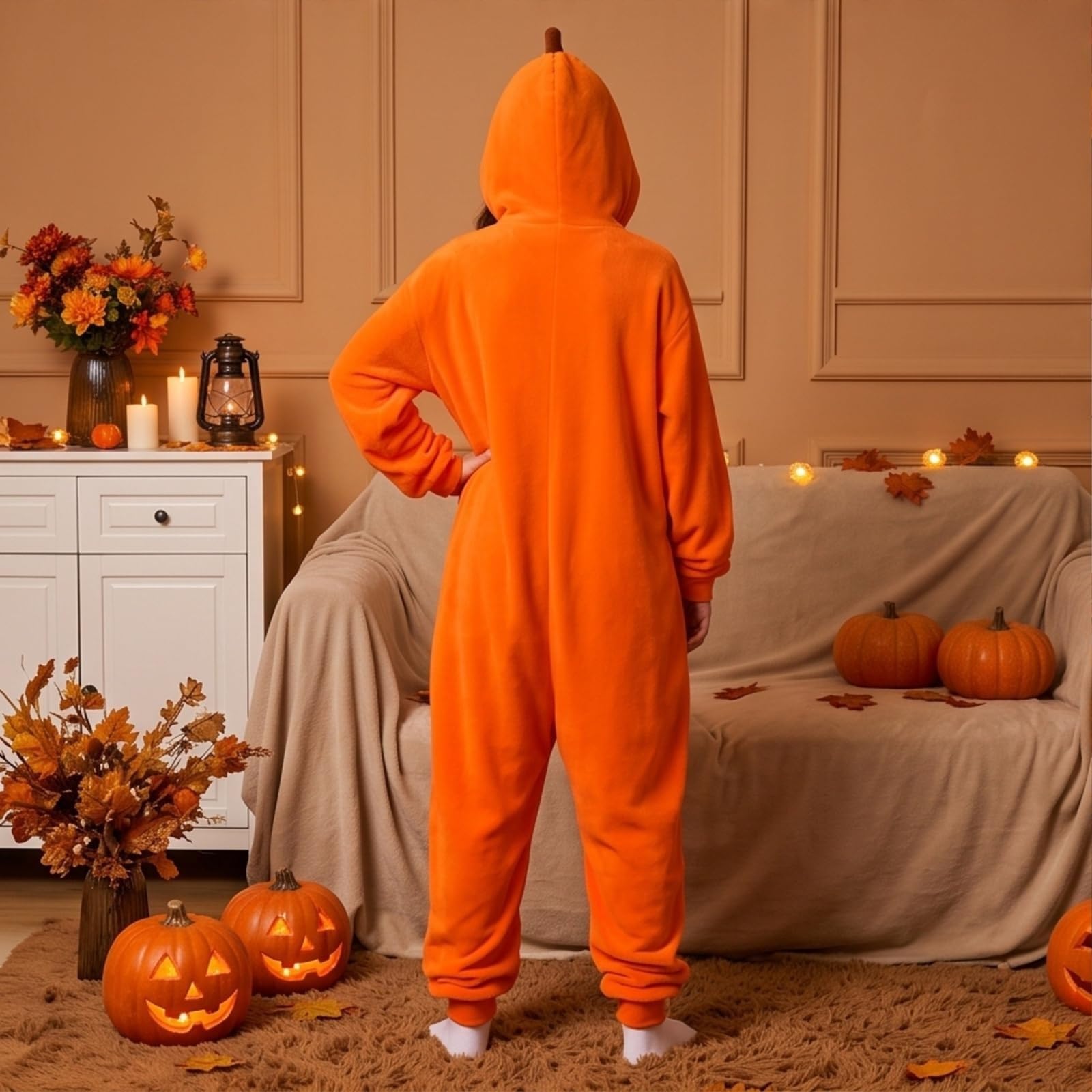 Costume Halloween Donna, Pigiama Intera Halloween Zucca con Cappuccio, Tuta Onesie in Pile Divertente, Pigiama Completo Adulto da Casa per Festa, Cosplay, Carnevale, Natale e Serate a Tema