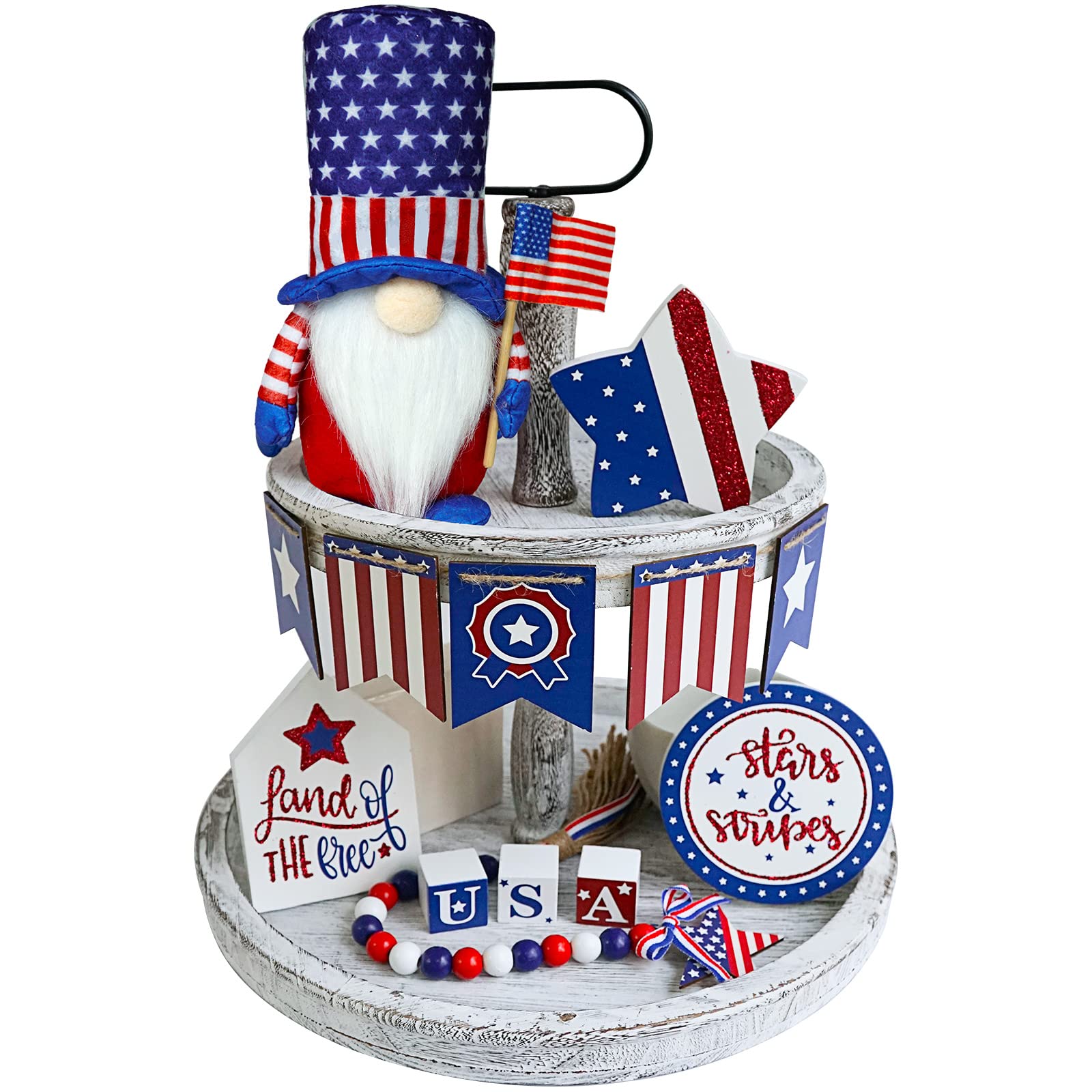 Photo 1 of 4th of July Decorations, 9PCS Patriotic Gnome Tiered Tray Decor,4th of July Gnome Plush,Memorial Day Wood Signs, Farmhouse Rustic 4th of July Tiered Tray Decor,Patriotic Decorations for Home