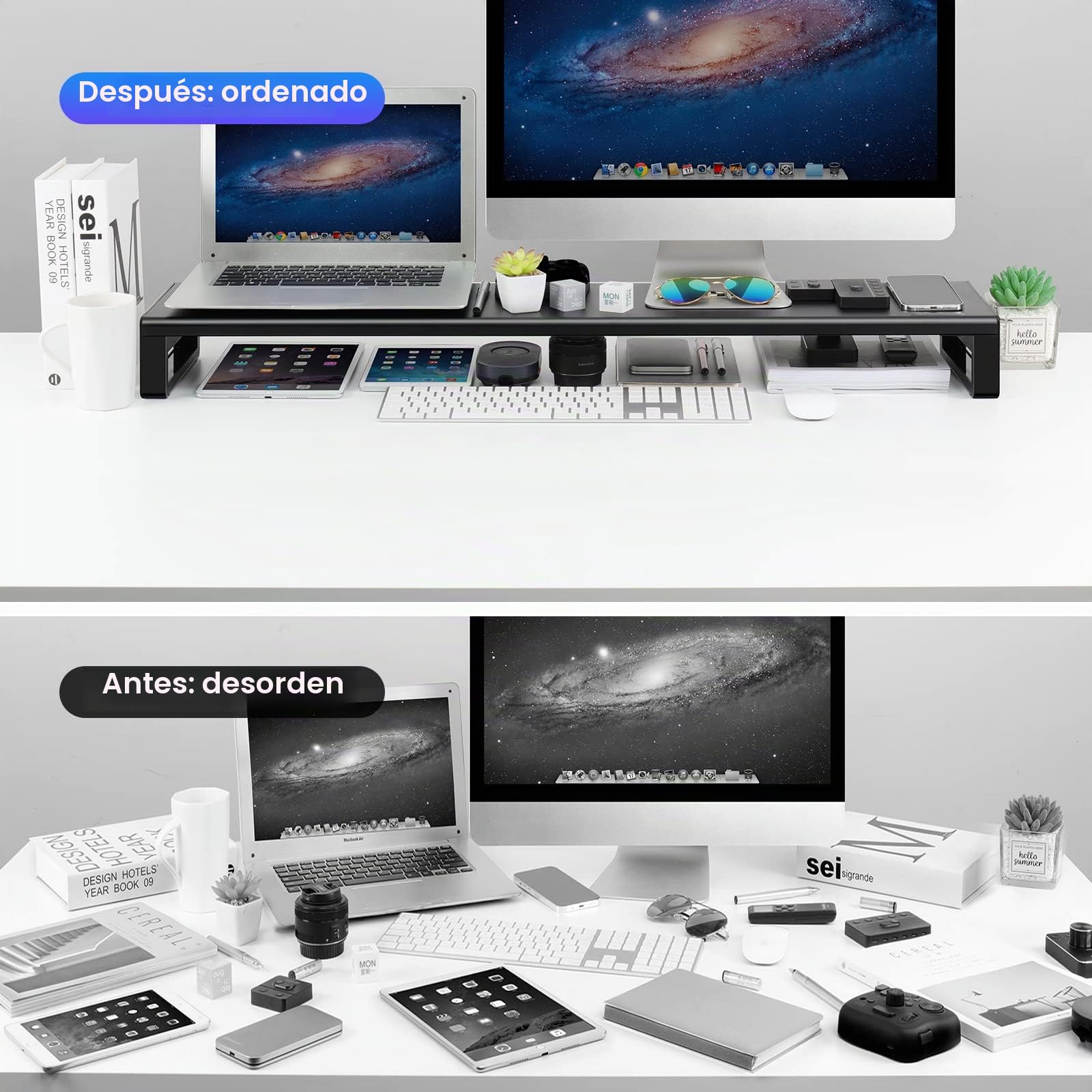 VAYDEER Soporte para 2 Monitores con 4 Puertos USB | Eleva dos pantallas y añade cuatro puertos USB para organizar periféricos y accesorios de escritorio