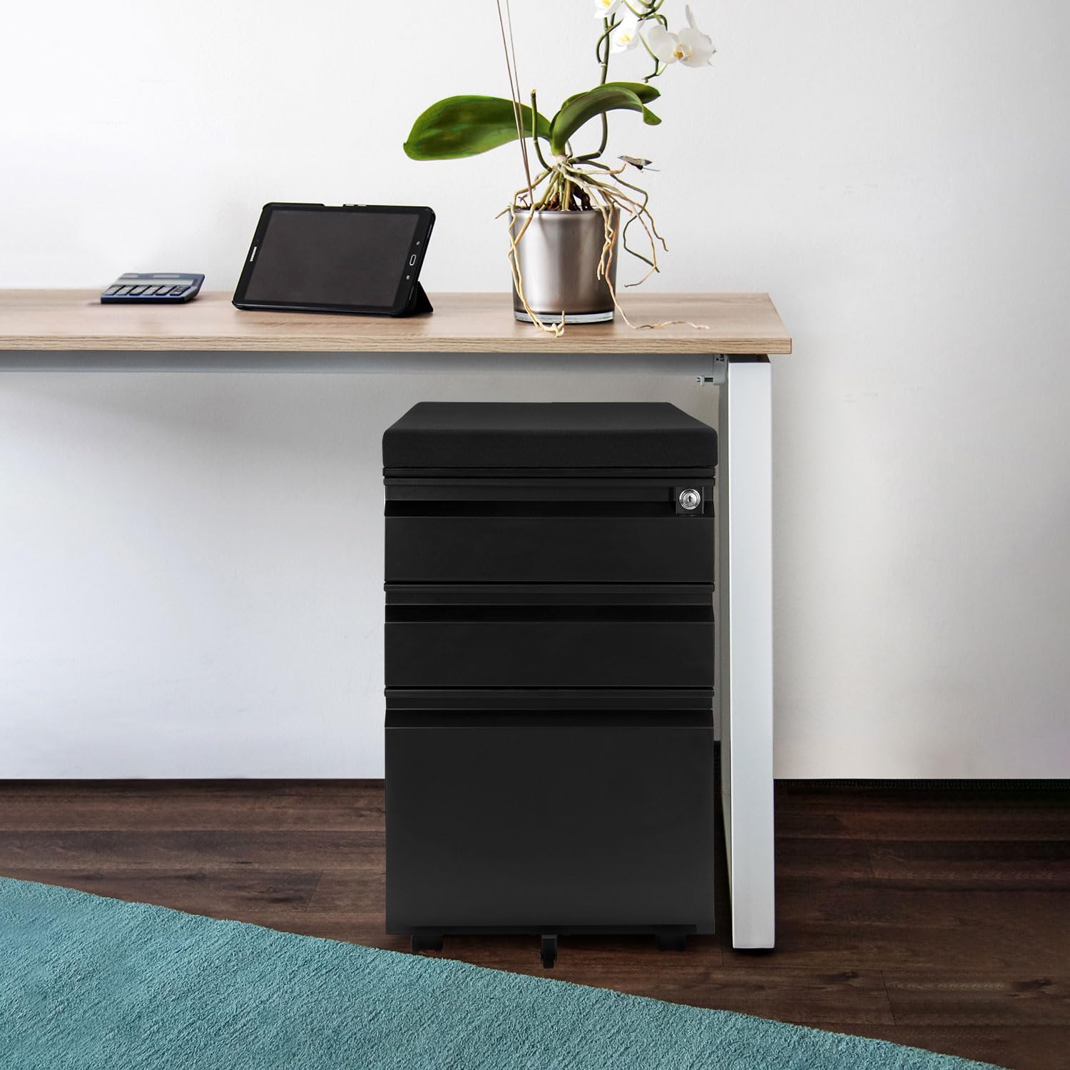 hjh OFFICE 743021 Caisson à roulettes avec Coussin d'assise Color OS Acier Noir Armoire à roulettes avec dossiers Suspendus A4, verrouillable