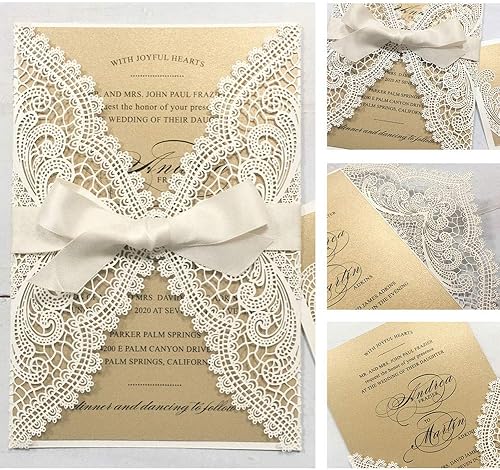 Miniatura 3 de 25 invitaciones de boda de 5 x 7 pulgadas con sobres, corte láser de encaje hueco con cintas elegantes, para boda, despedida de soltera, compromiso,