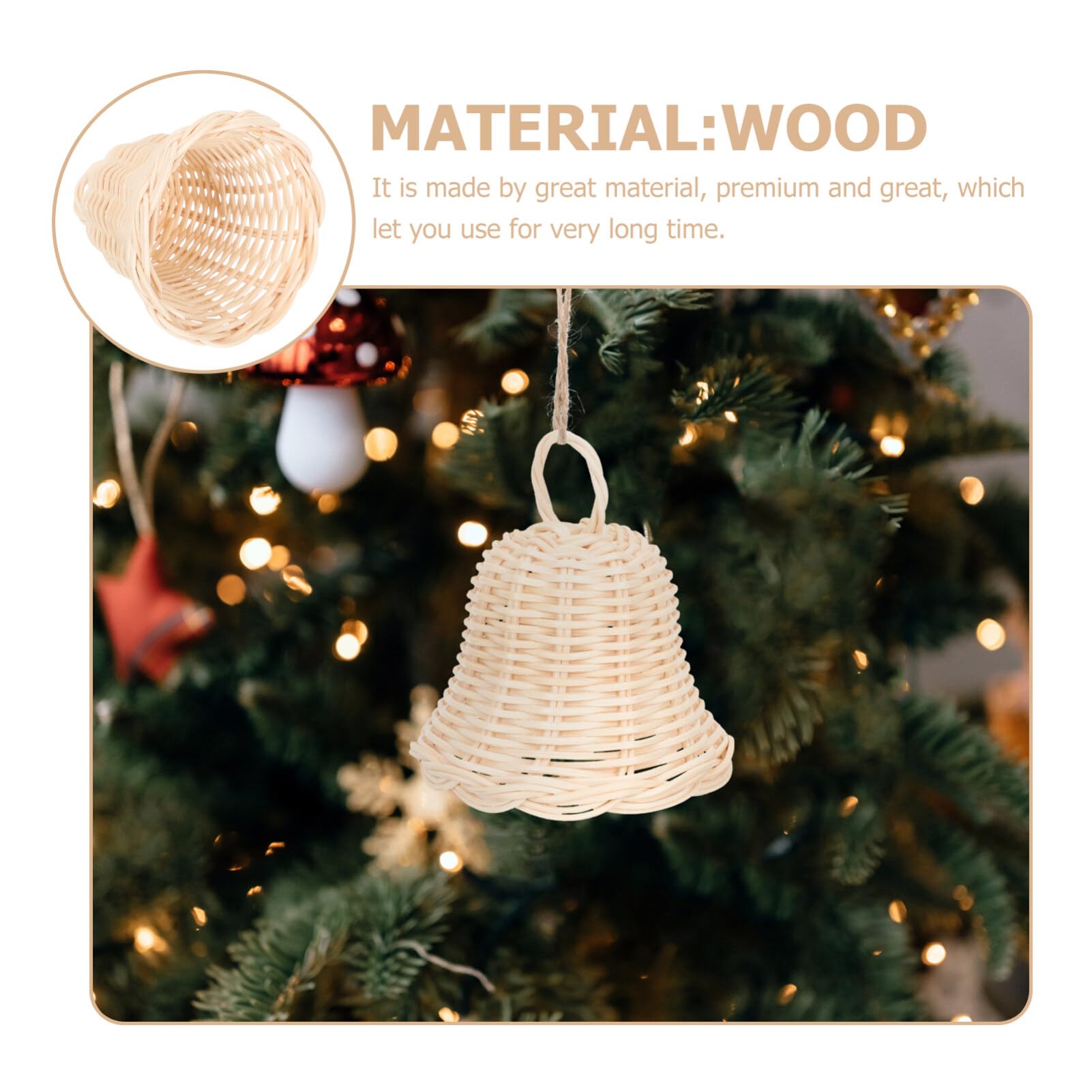4pcs Holiday Christmas Decorations - Handmade Wicker Bell Shaped Ornaments for Crafts - Xmas Tree Hanging Pendant Bells