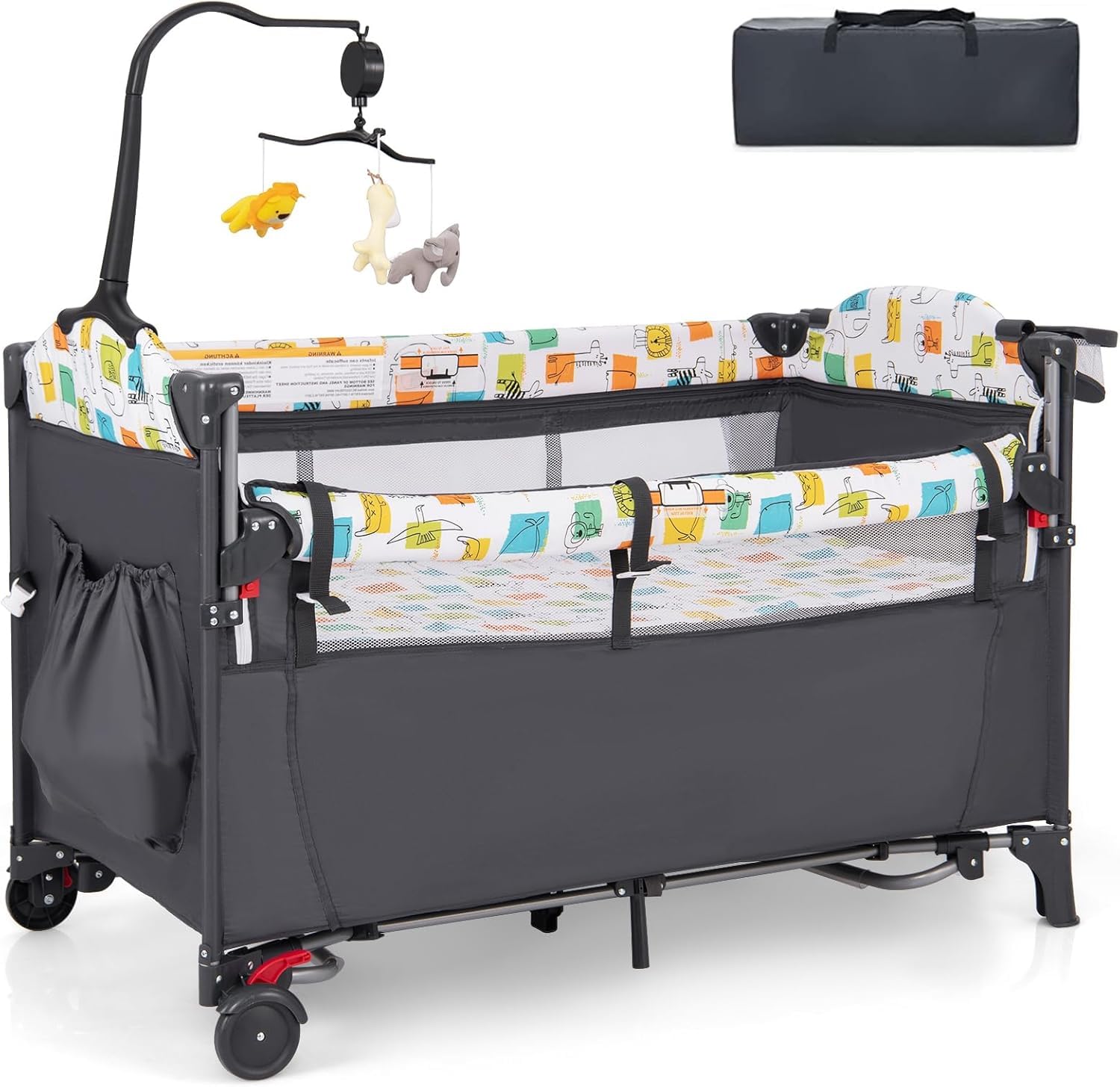 RELAX4LIFE 5 en 1 Cuna Bebé con Colchón, Cambiador, Juguete Colgante, Ruedas Bloqueables y Altura Ajustable en 4 Niveles, Cuna de Viaje para Niños 0-36 Meses (Gris)
