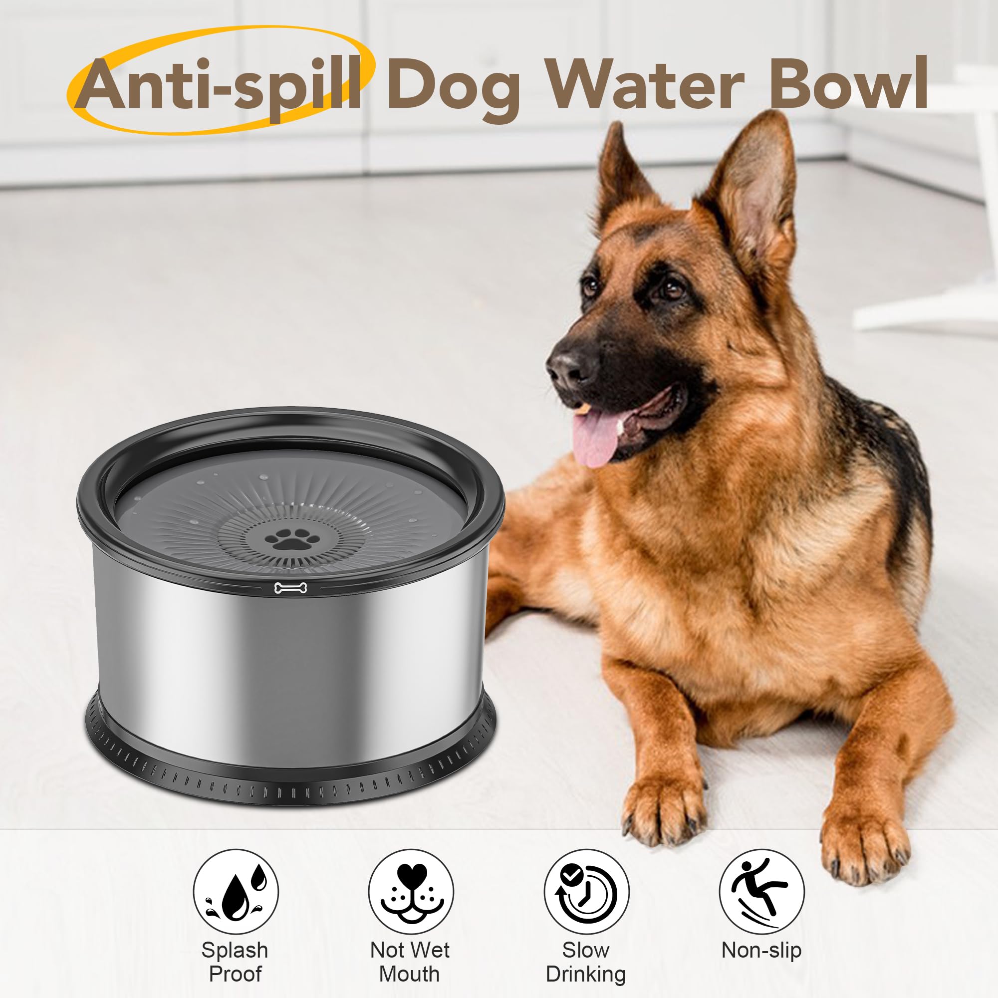 Cuenco de agua para perros de 1.6 galones, 6.5L/223.9 onzas, cuenco de agua de acero inoxidable antiderrames para perros grandes, gran capacidad, a prueba de salpicaduras, comedero lento para