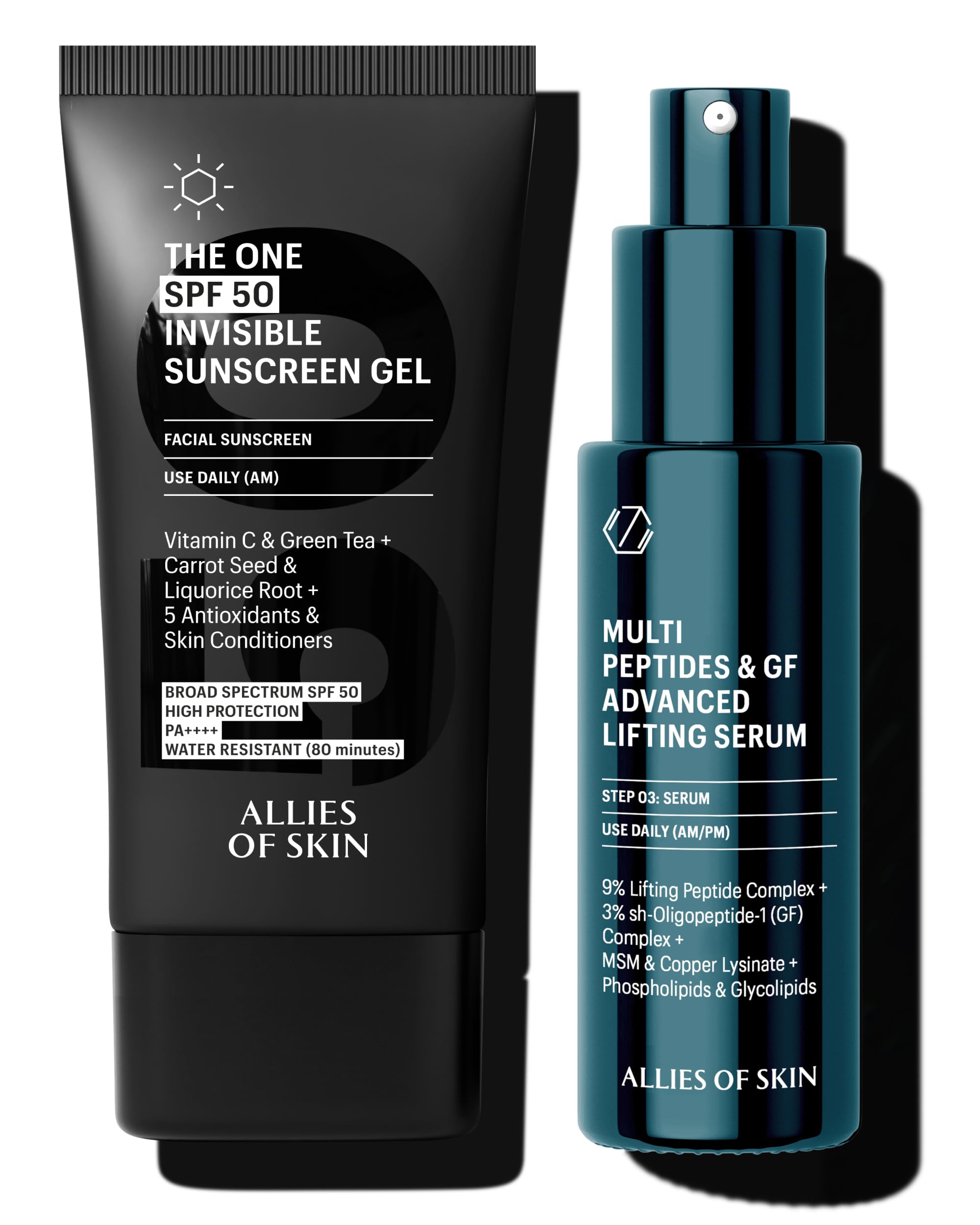 Allies of Skin Daily Face Sunscreen SPF 50 Growth Factor Peptides Lifting Serum Anti-Aging Skincare Duo to Treat