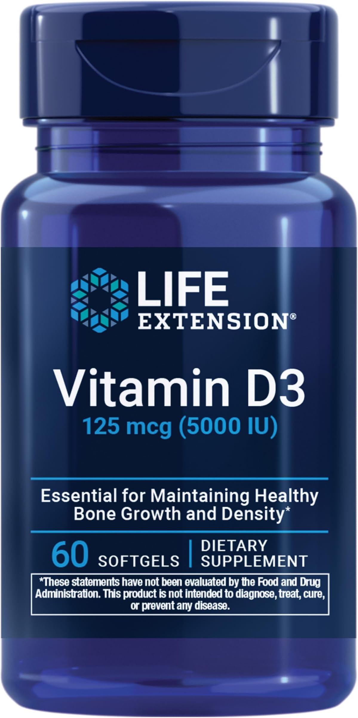 Vitamin D3 125 mcg (5000 IU), Bone Health, Brain Performance, Immune System Support, Gluten-Free, Non-GMO, Once Daily, Two-Month Supply, 60 Softgels