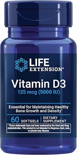 Life Extension Vitamina D3 125 mcg (5000 UI), salud ósea, rendimiento cerebral, apoyo del sistema inmunológico, sin gluten, sin OMG, una vez al día,