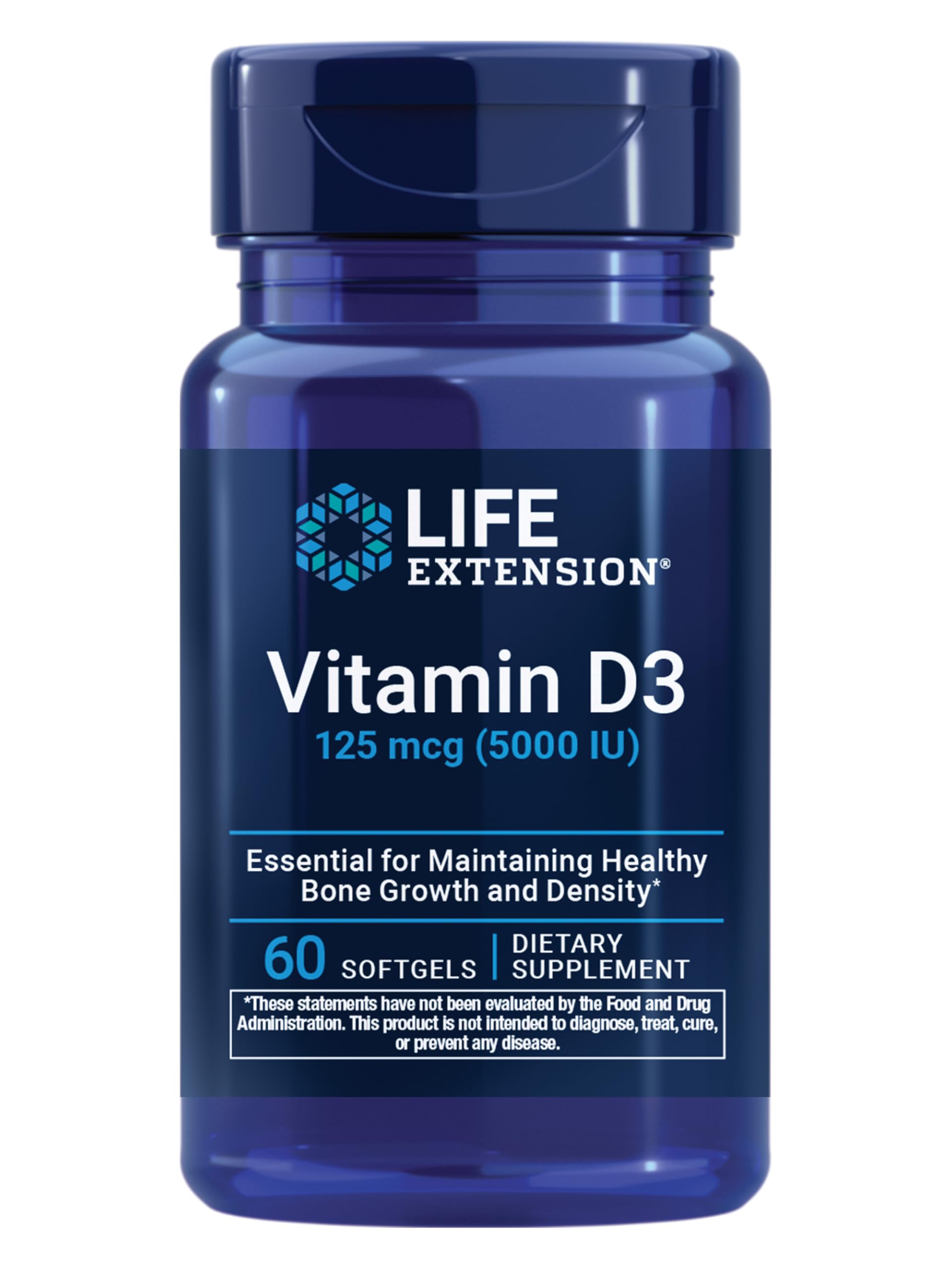 Life Extension Vitamin D3 125 mcg (5000 IU), Bone Health, Brain Performance, Immune System Support, Gluten-Free, Non-GMO, Once Daily, Two-Month Supply, 60 Softgels