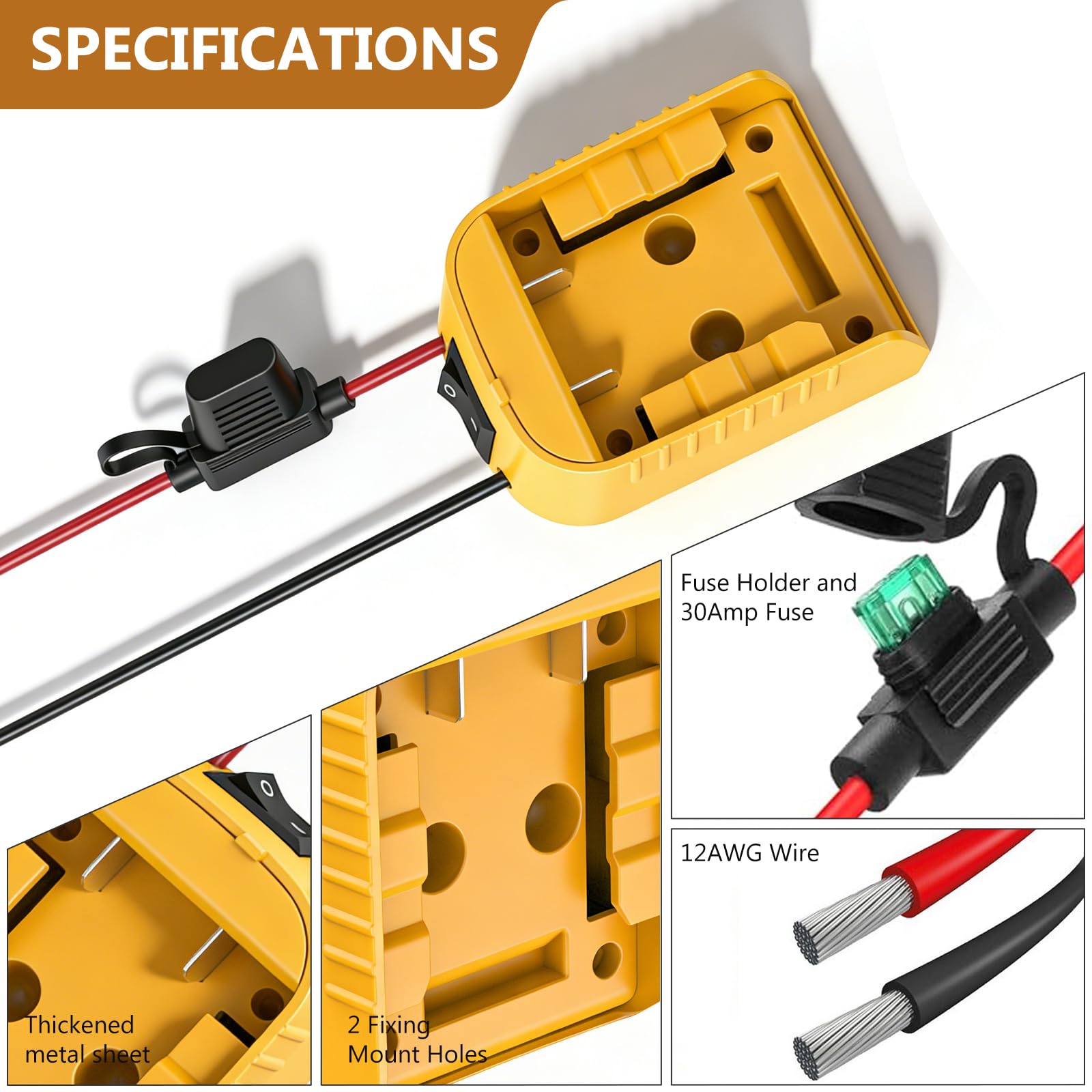 Lot de 2 adaptateurs Power Wheel pour batterie Li-ion Dewalt 18 V/20 V avec fusible et commutateurs, connecteur CC, câble 12 AWG, connecteur d'alimentation Dock pour voiture, robotique, bricolage