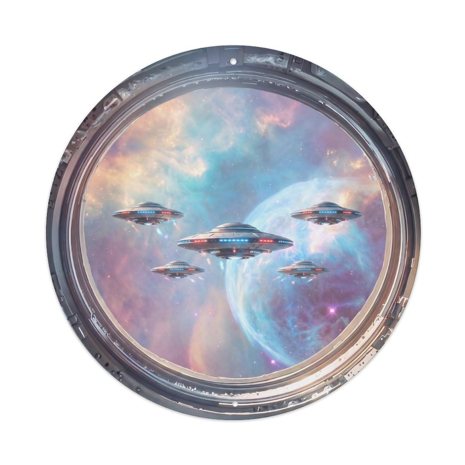 Saucer Formation from Space Station Porthole Metal Tin Sign