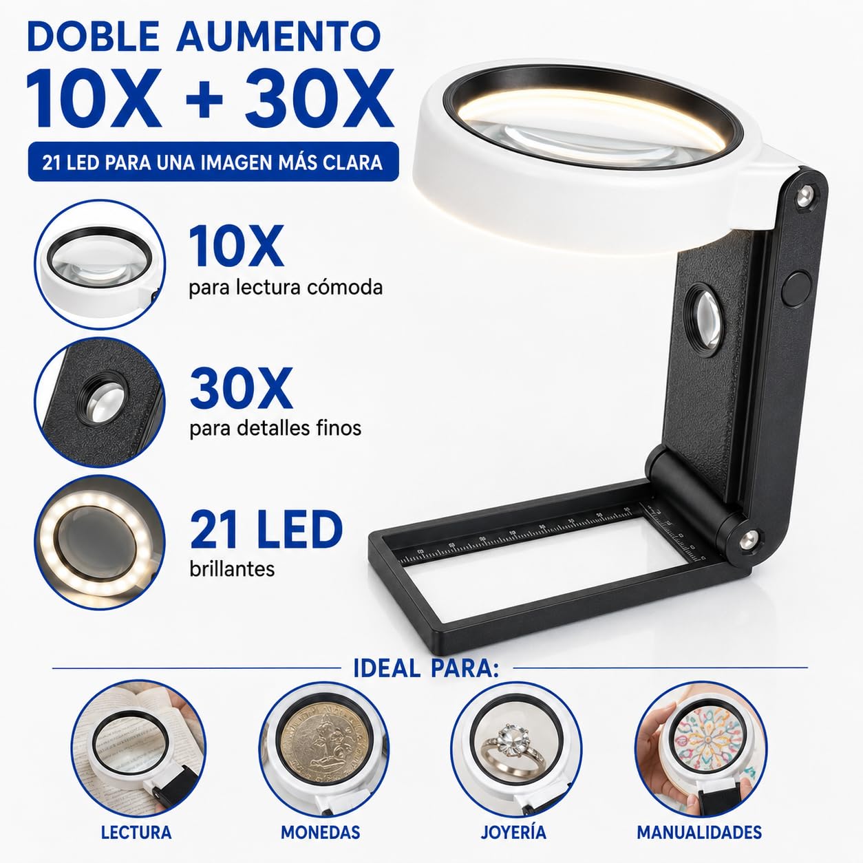 Lupa con Luz 10X 30X y 21 LED – Lupa de Gran Aumento para Personas Mayores, Lectura, Joyería, Monedas y Manualidades.