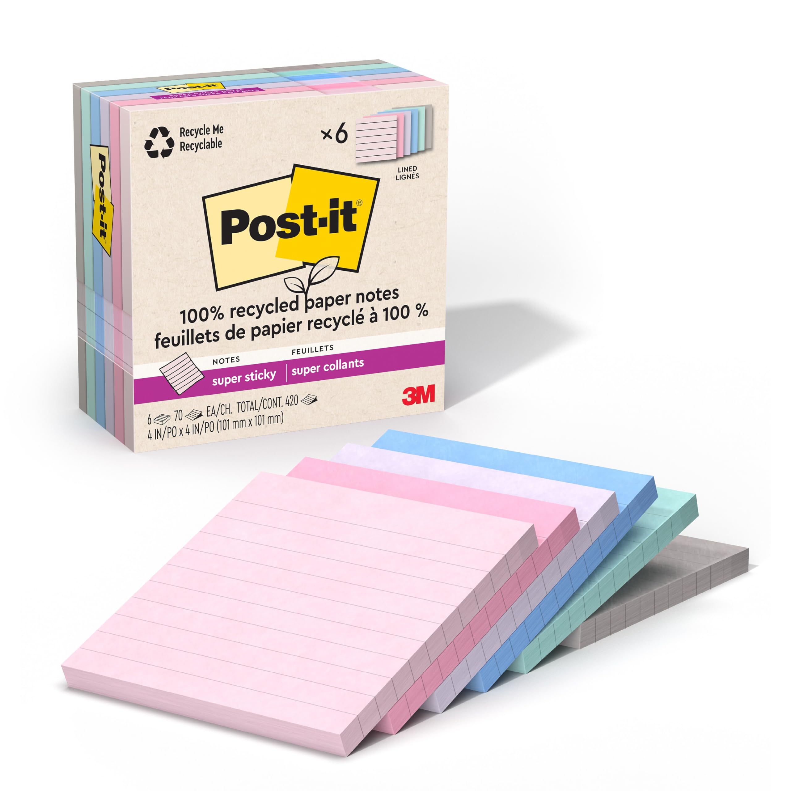 Post-it Recycled Super Sticky Lined Notes: 4 in. x 4 in. (Wanderlust Collection) / 90-Sheets per pad / 6-Pack