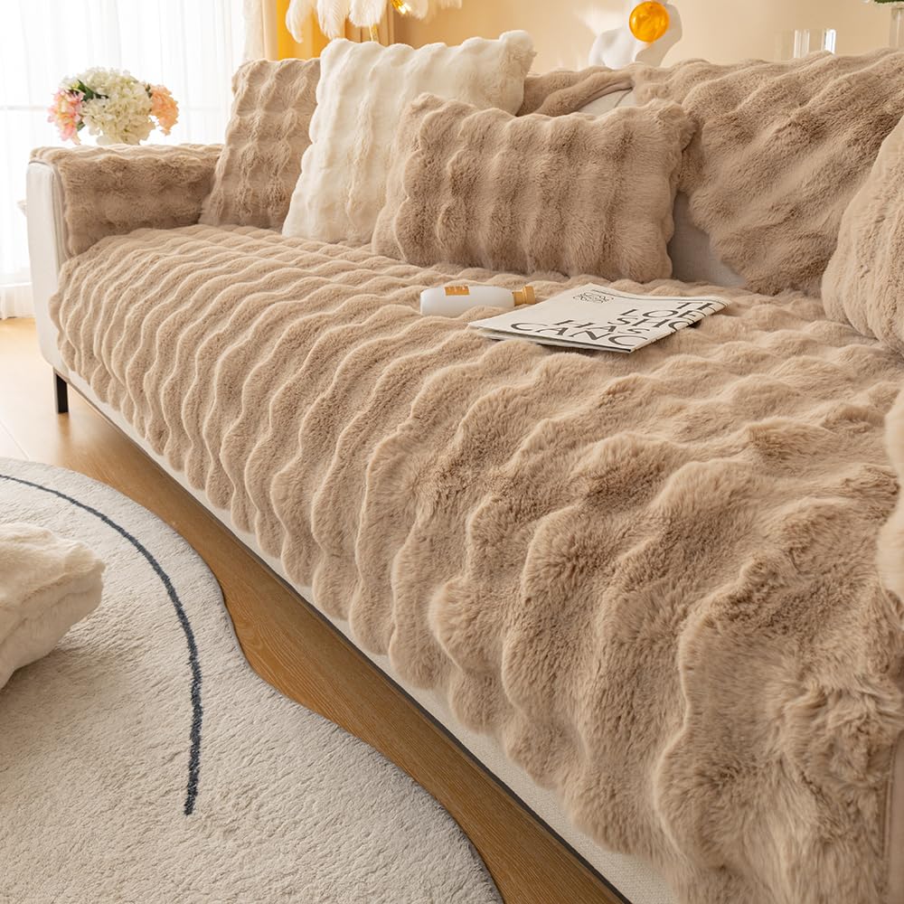 CANYUE Thick Rabbit Plush Sofa Covers, Non-Slip Sofa Slipcovers, Furniture Protector Sofa Covers for 3 Cushion Couch Loveseat Recliner L Shaped Armrest Backrest (Light Curry,90x180cm)