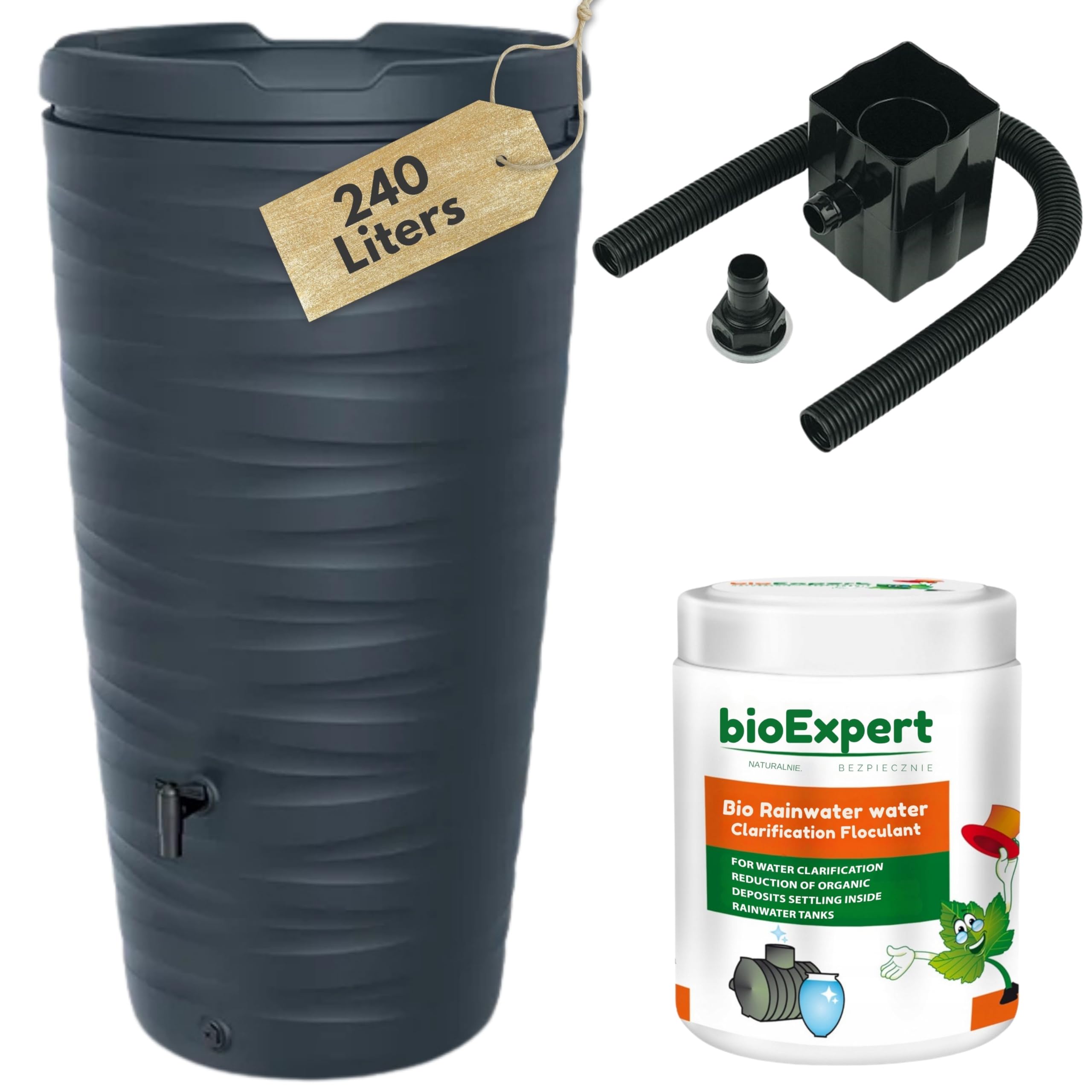 Water Butt Kit With Tap, Diverter And Bio Cleaner- 240L Plastic Rain Water Collector for Garden, Balcony or Terrace - H44 x D23 in (114.5x59.3cm) Save and Promote Plant Growth In Modern Grey