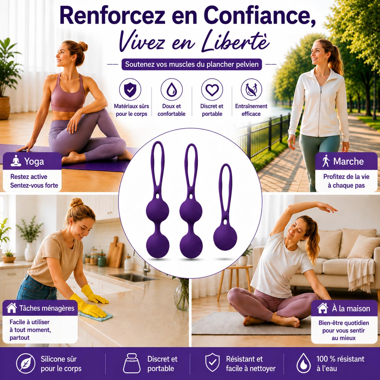 Boules de Geisha Medical Silicone pour Exercices de Plancher Pelvien - 3 boules évolutives-Intimité Accrue Avec Des Muscles Pelviens Plus Forts (La couleur violette)